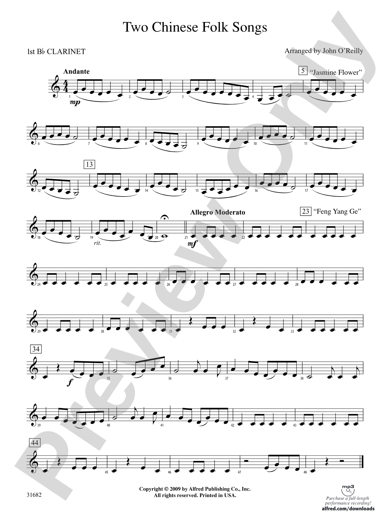 Two Chinese Folk Songs: 1st B-flat Clarinet