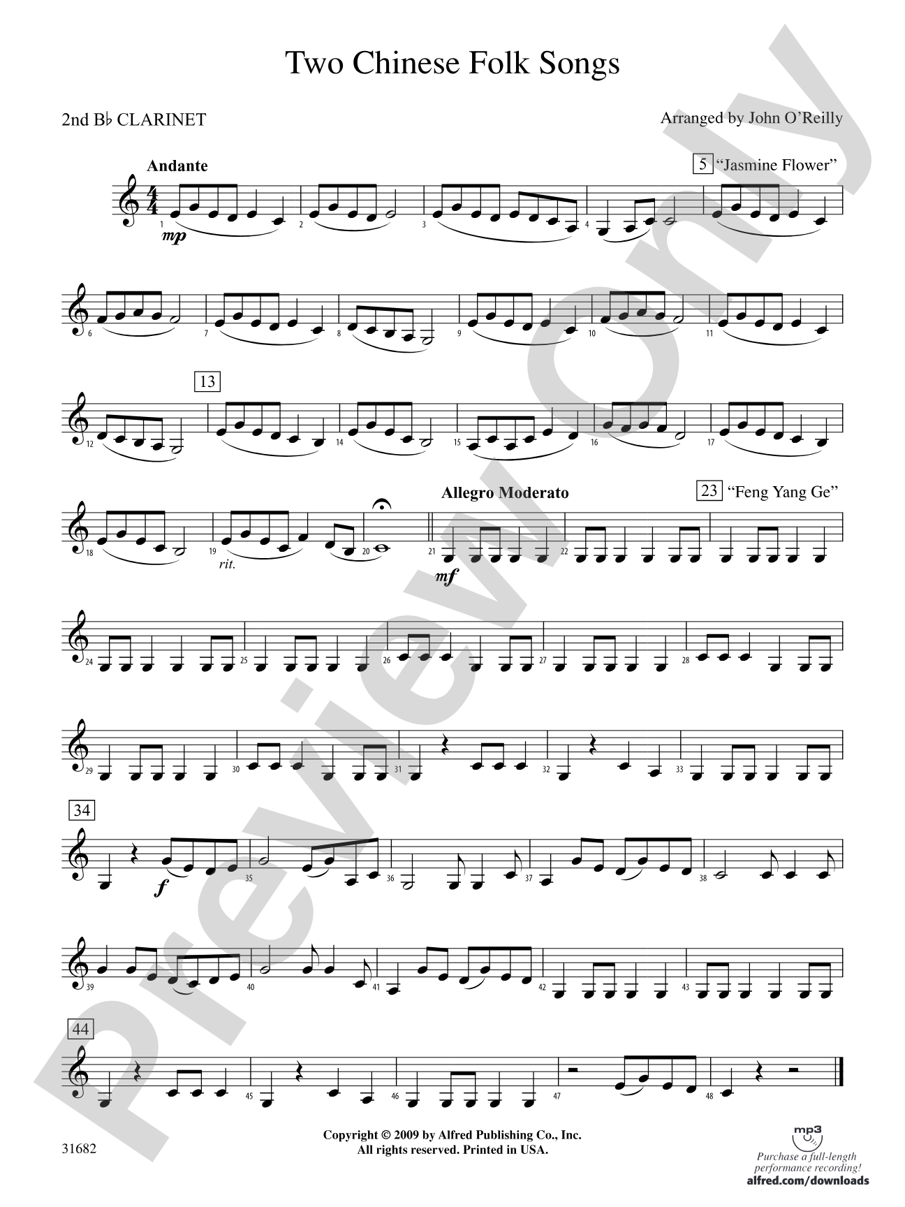 Two Chinese Folk Songs: 2nd B-flat Clarinet