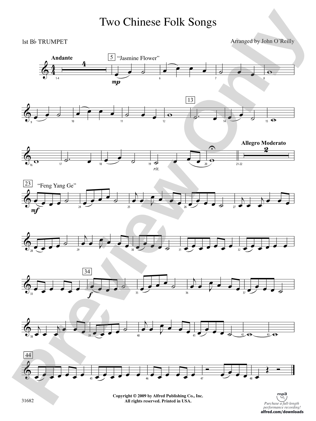 Two Chinese Folk Songs: 1st B-flat Trumpet
