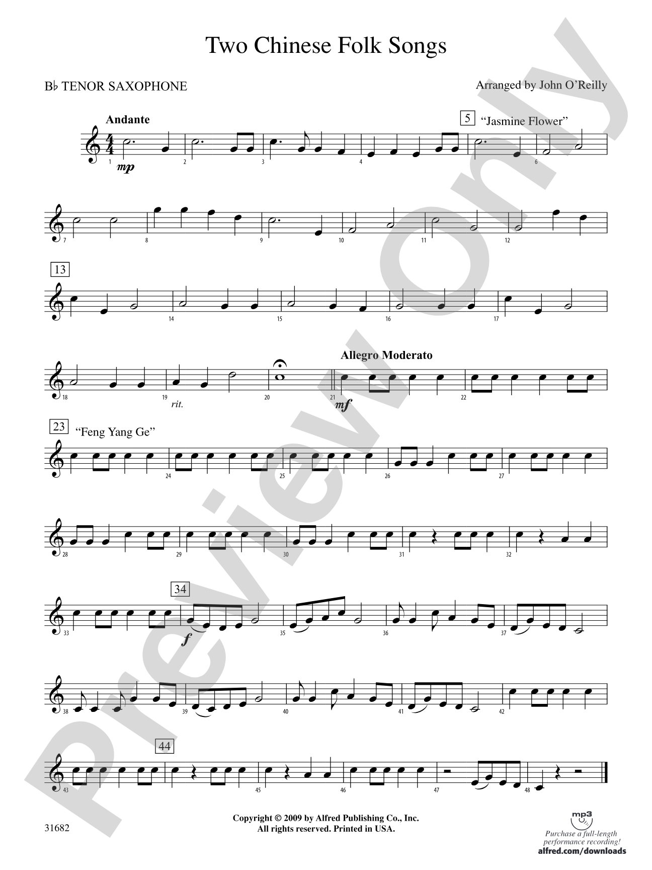 Two Chinese Folk Songs: B-flat Tenor Saxophone