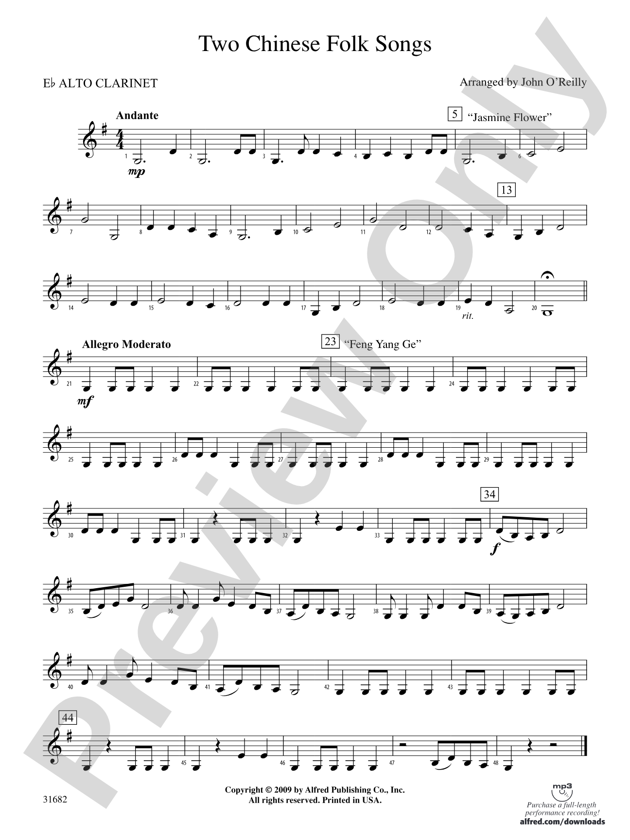 Two Chinese Folk Songs: (wp) E-flat Alto Clarinet
