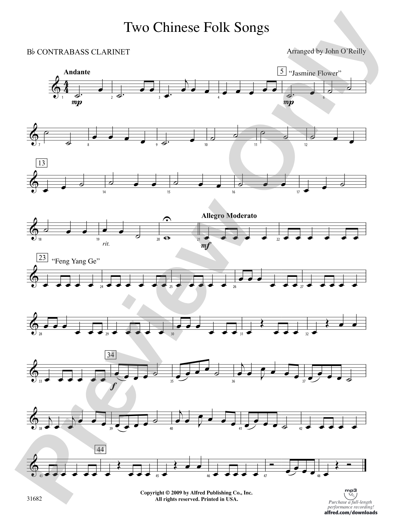 Two Chinese Folk Songs: (wp) B-flat Contrabass Clarinet