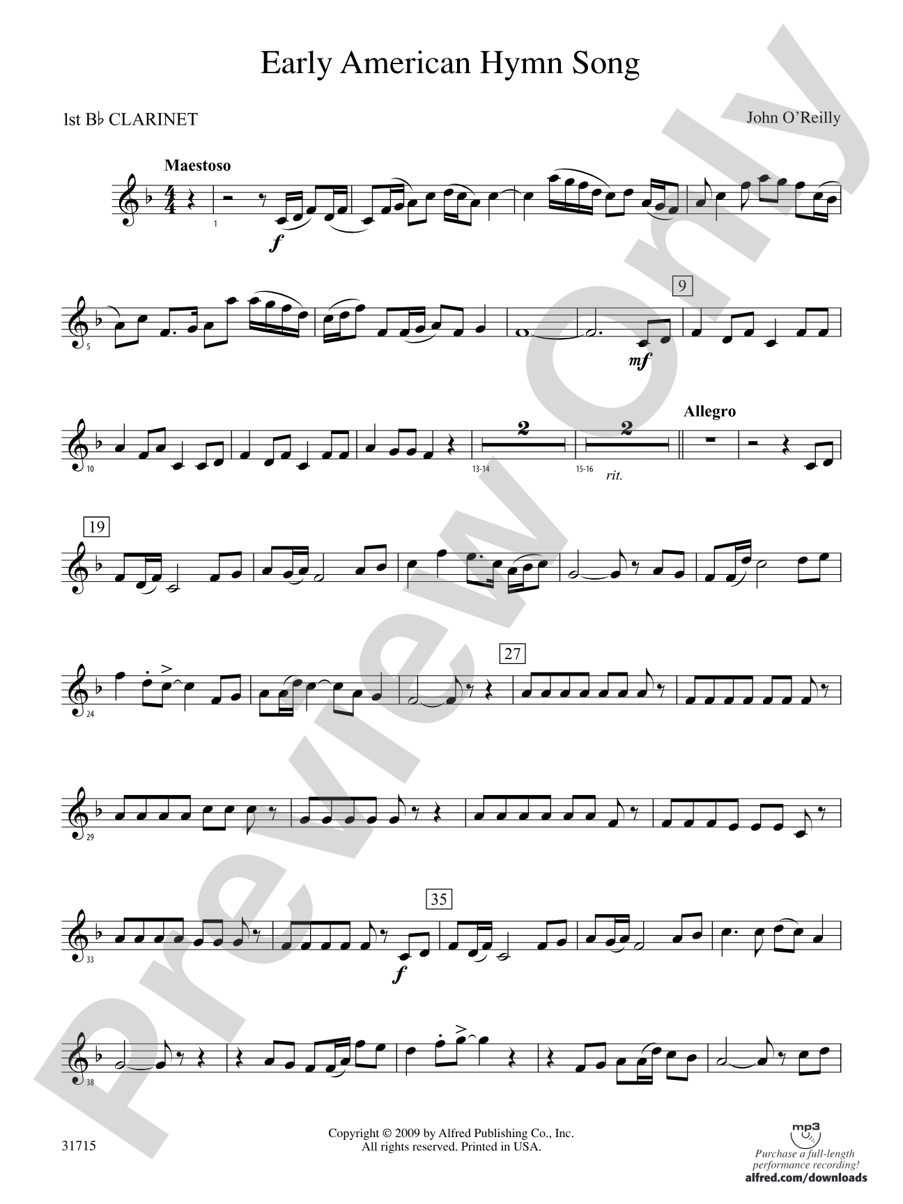 Early American Hymn Song: 1st B-flat Clarinet