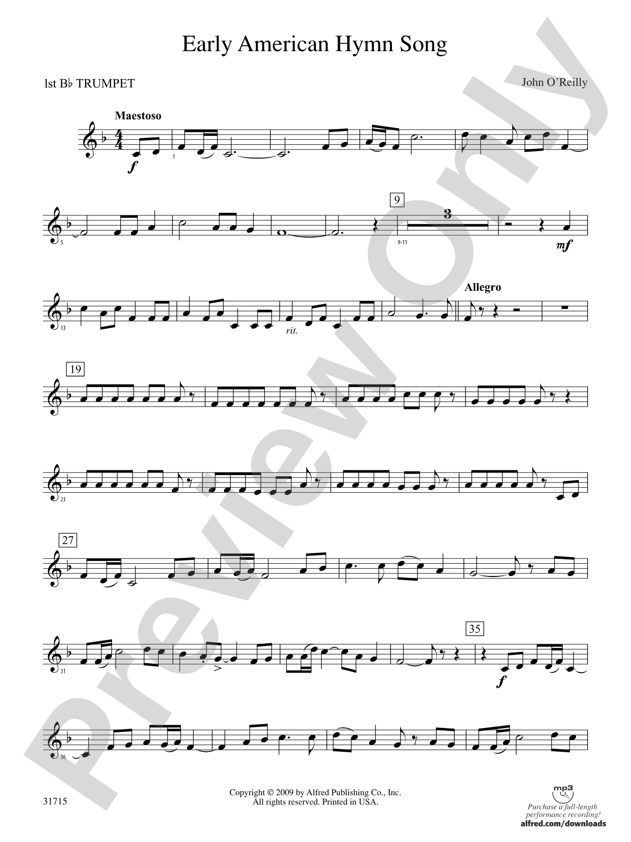 Early American Hymn Song: 1st B-flat Trumpet