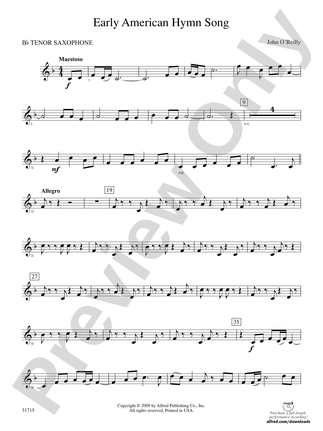 Early American Hymn Song: B-flat Tenor Saxophone