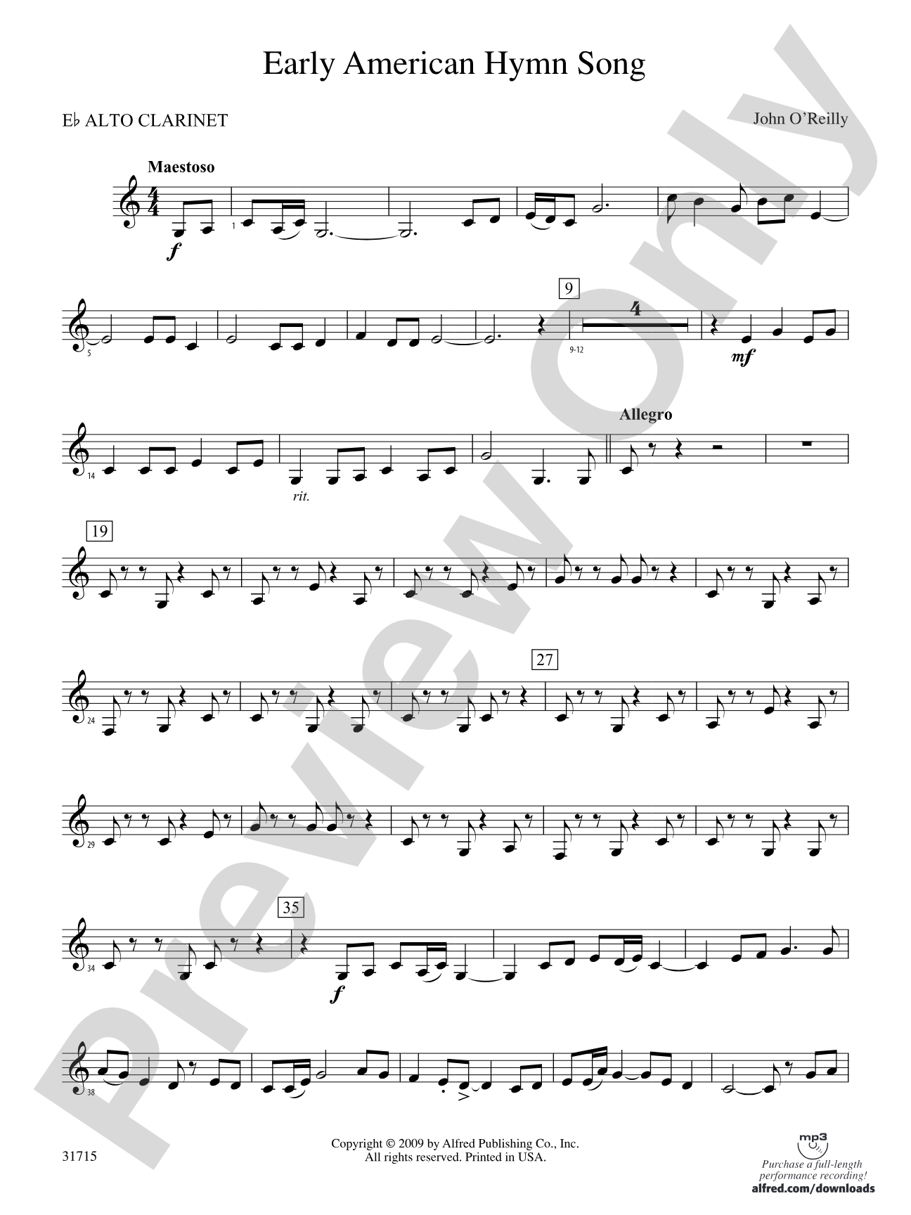 Early American Hymn Song: (wp) E-flat Alto Clarinet