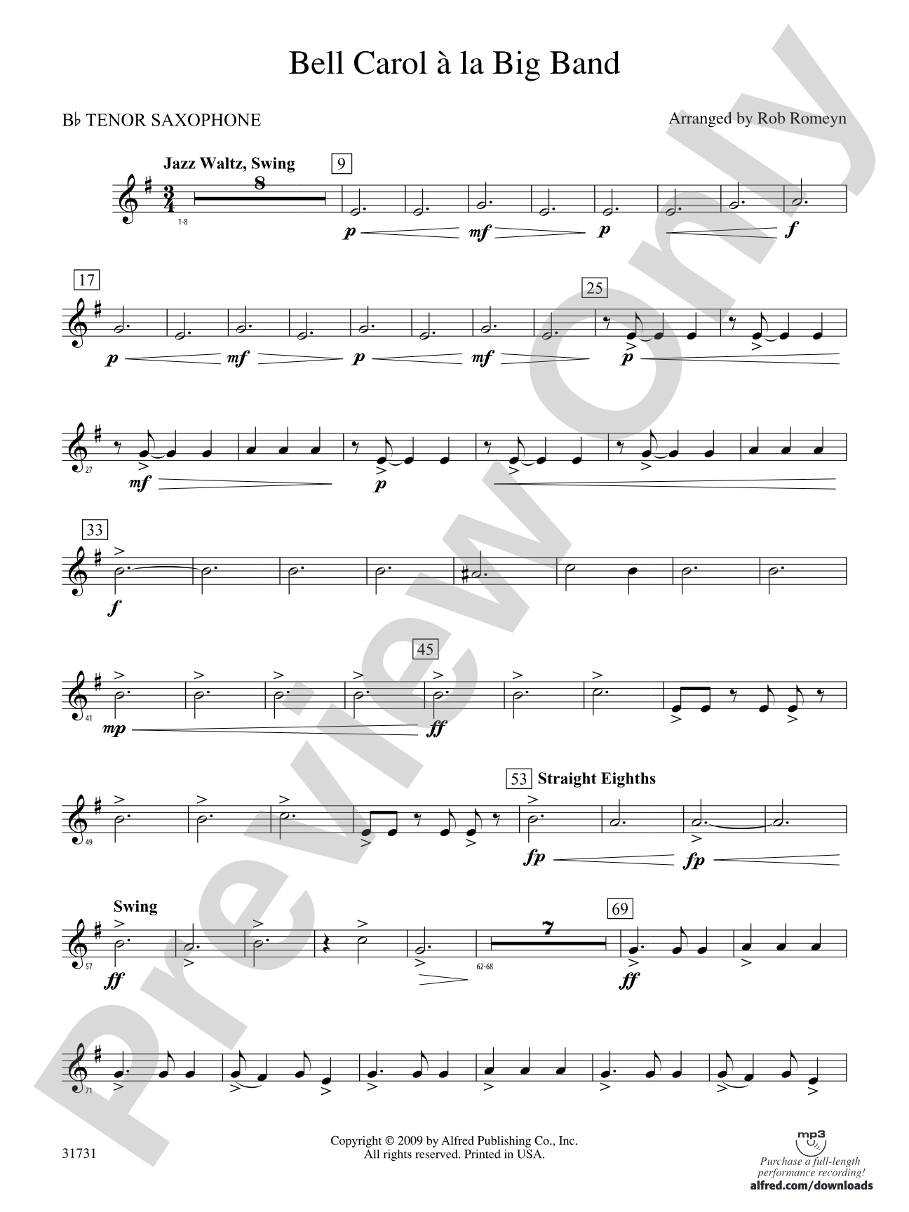 Bell Carol a la Big Band: B-flat Tenor Saxophone