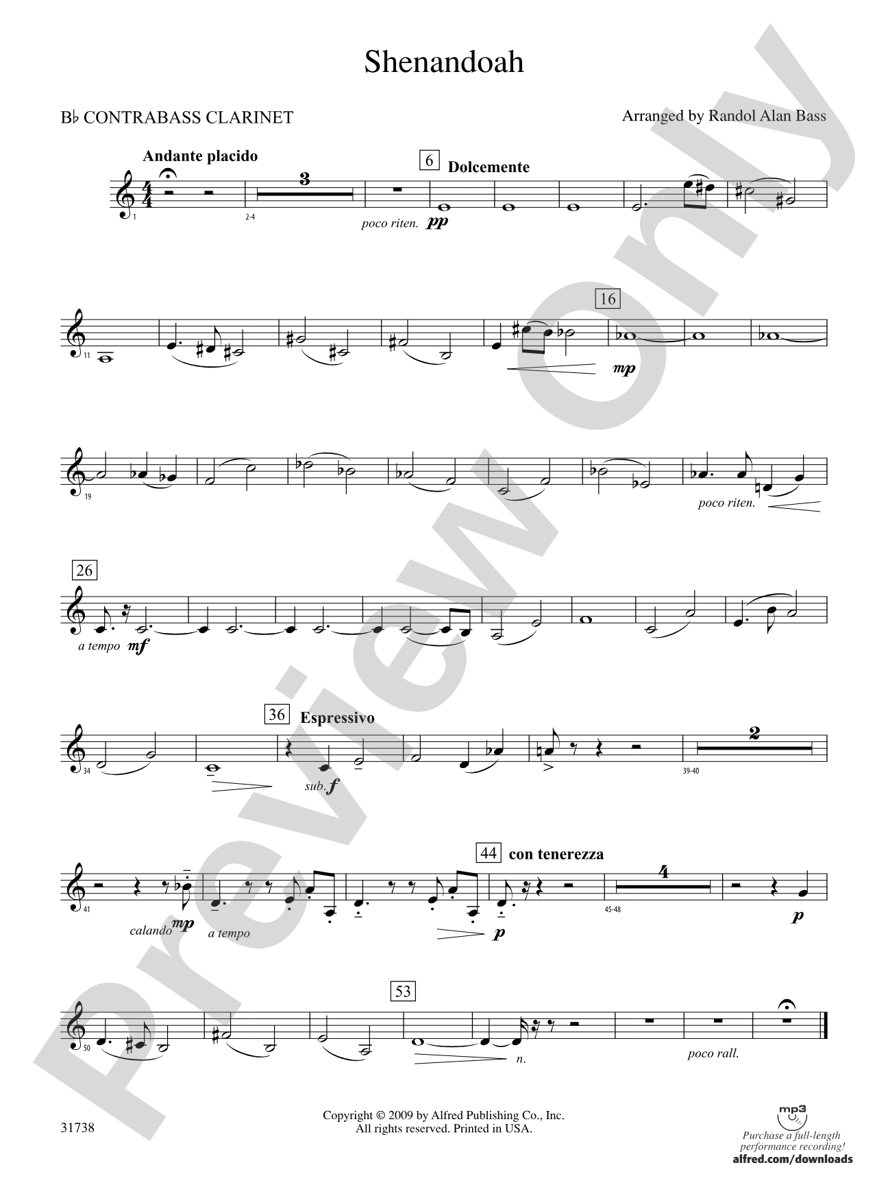 Shenandoah: (wp) B-flat Contrabass Clarinet