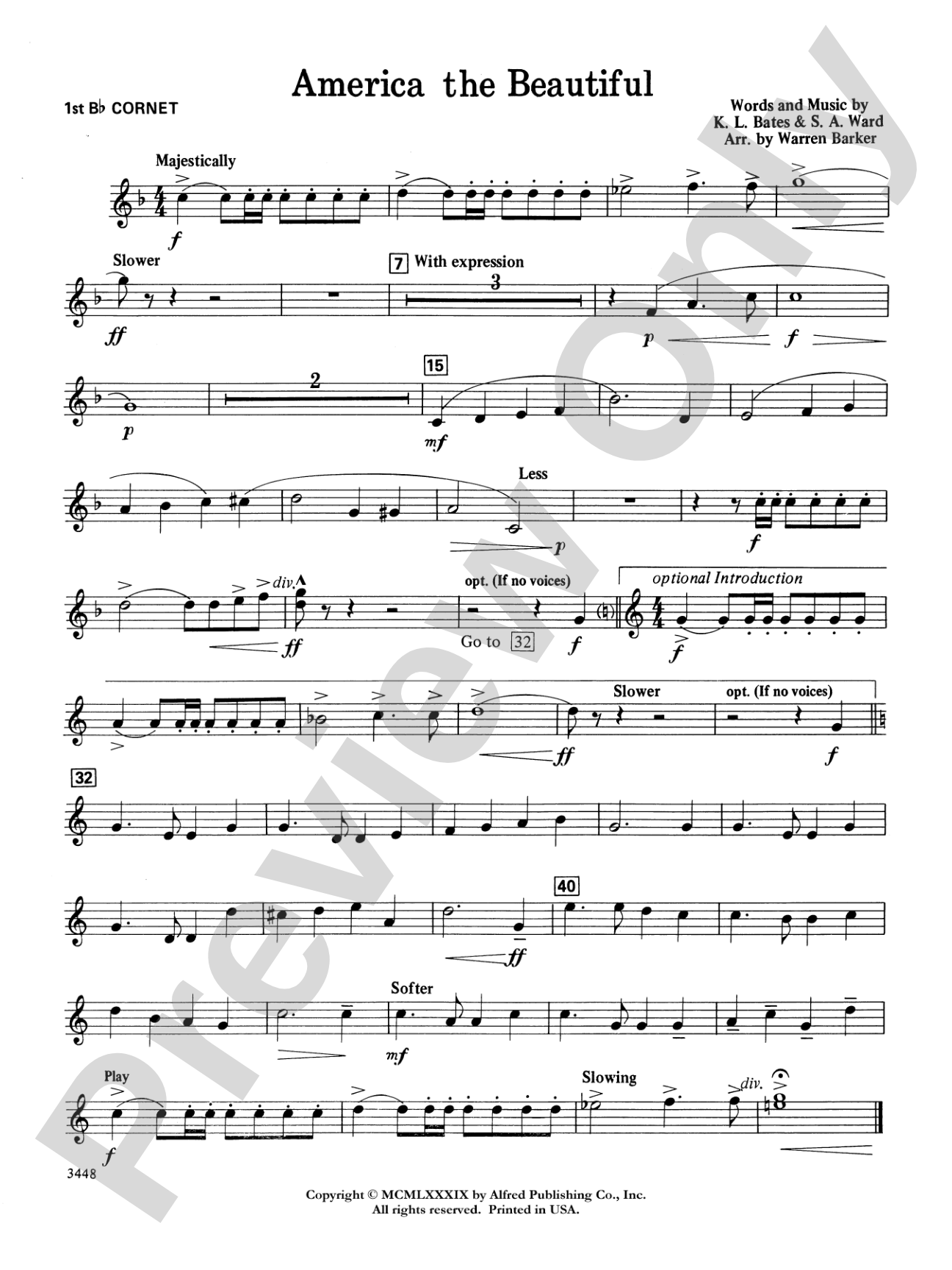 America, the Beautiful (with optional SA/SAB chorus): 1st B-flat Cornet