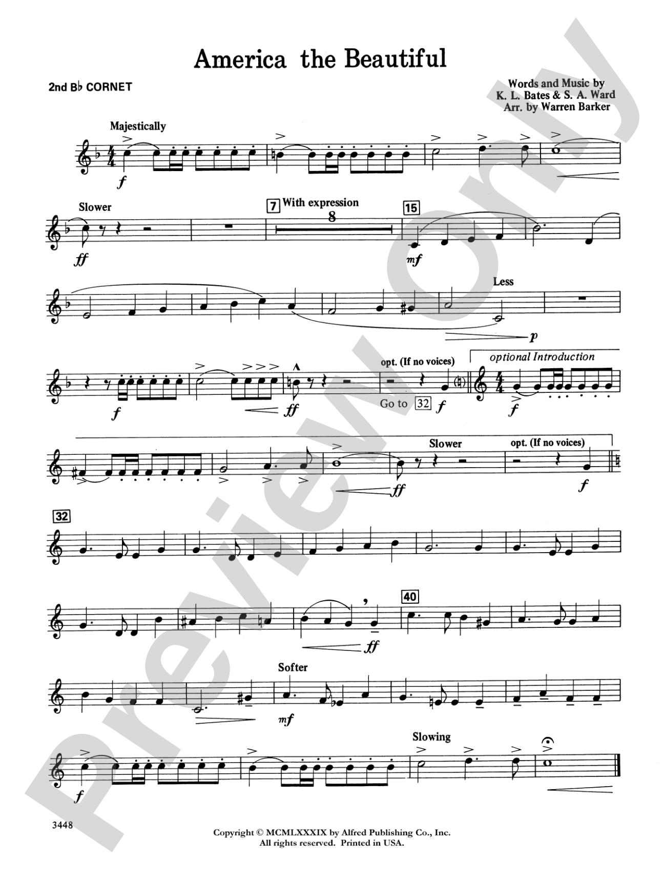 America, the Beautiful (with optional SA/SAB chorus): 2nd B-flat Cornet