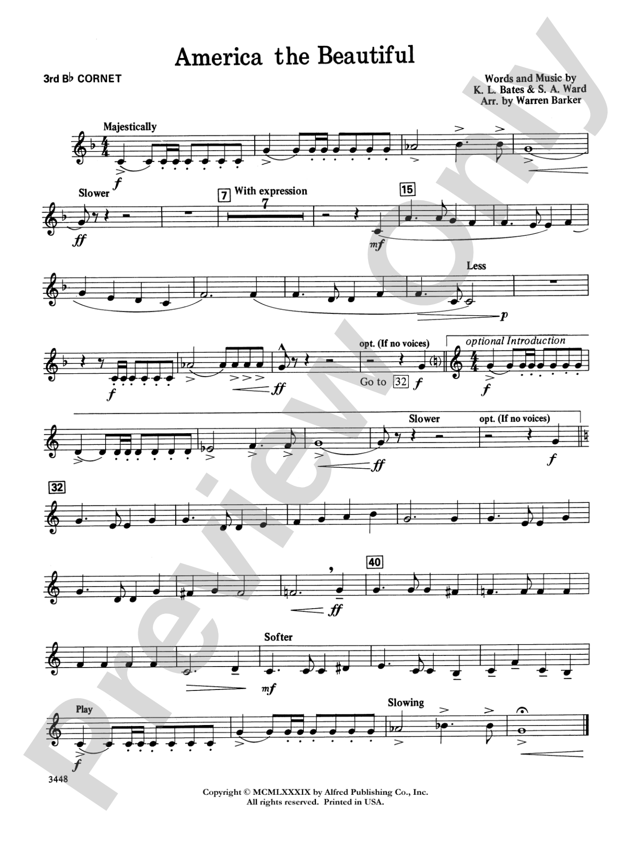 America, the Beautiful (with optional SA/SAB chorus): 3rd B-flat Cornet