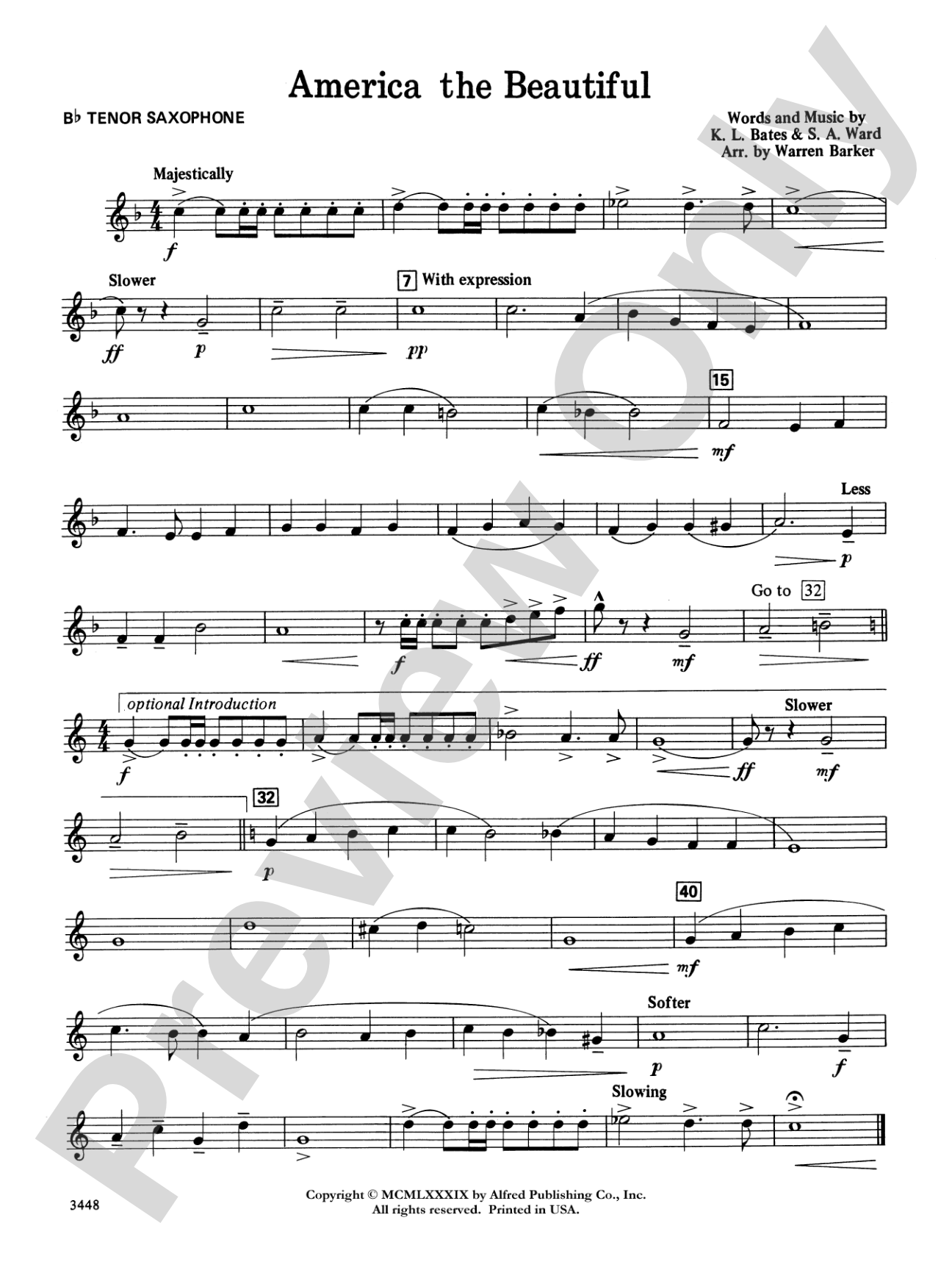 America, the Beautiful (with optional SA/SAB chorus): B-flat Tenor Saxophone
