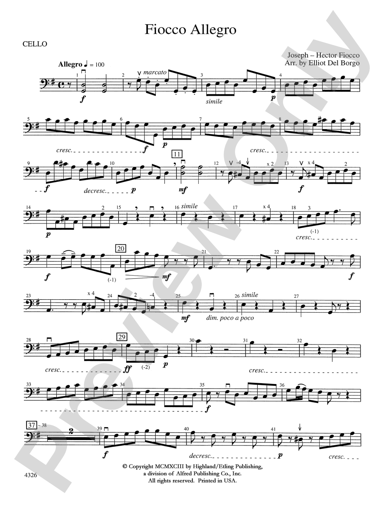 Fiocco Allegro: Cello