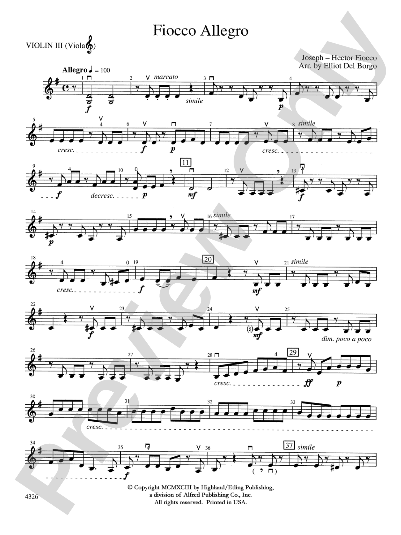 Fiocco Allegro: 3rd Violin (Viola [TC])