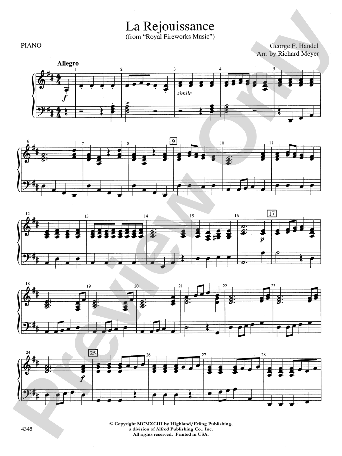 La Rejouissance from the "Royal Fireworks Music": Piano Accompaniment