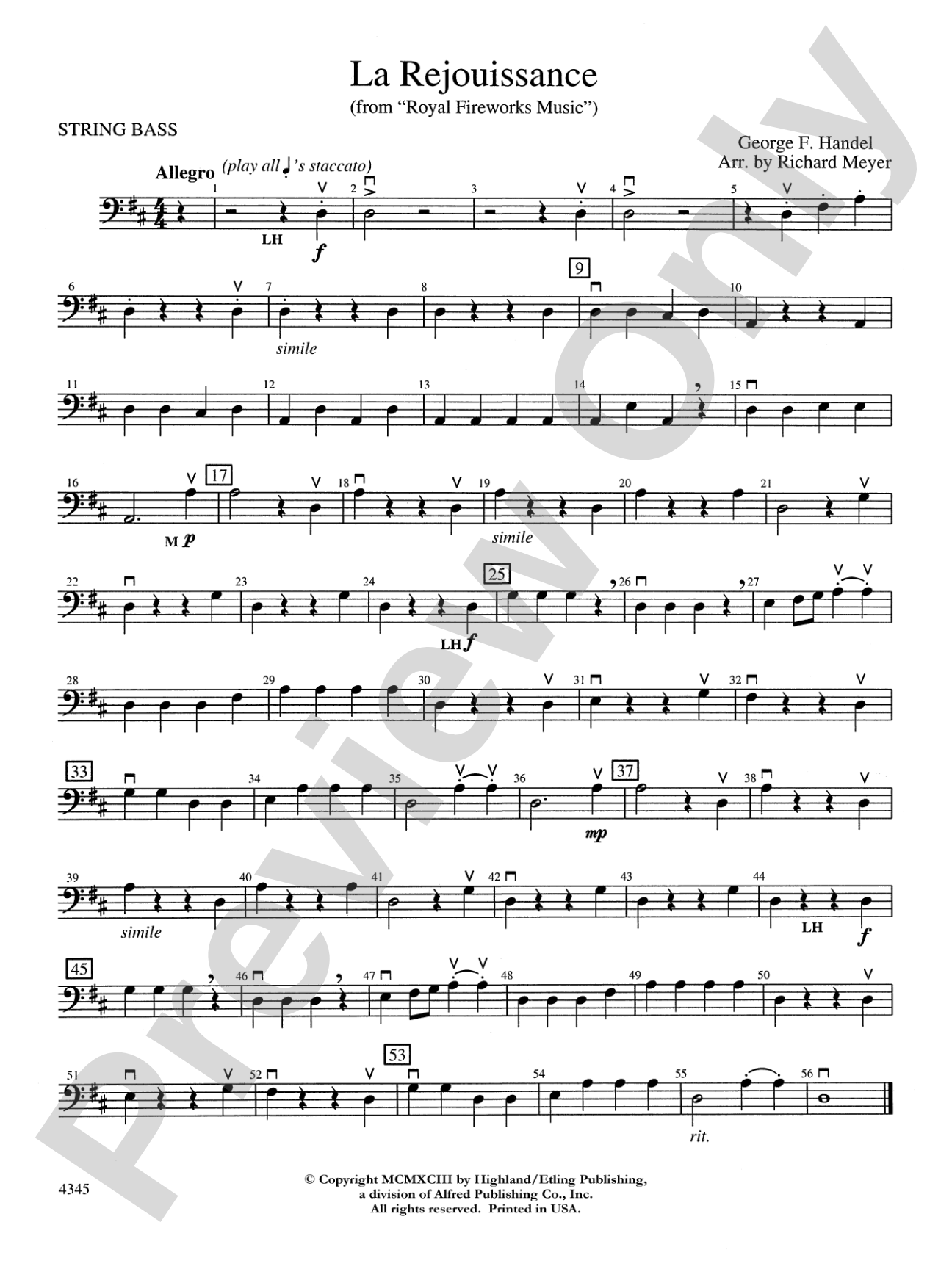 La Rejouissance from the "Royal Fireworks Music": String Bass