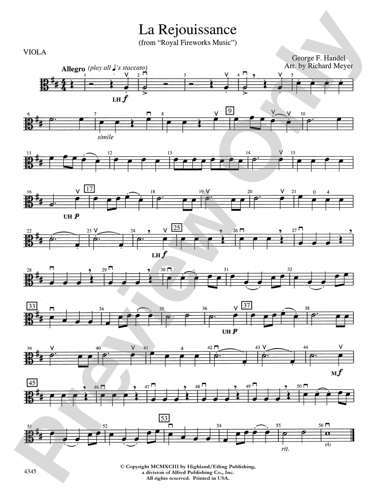 La Rejouissance from the "Royal Fireworks Music": Viola