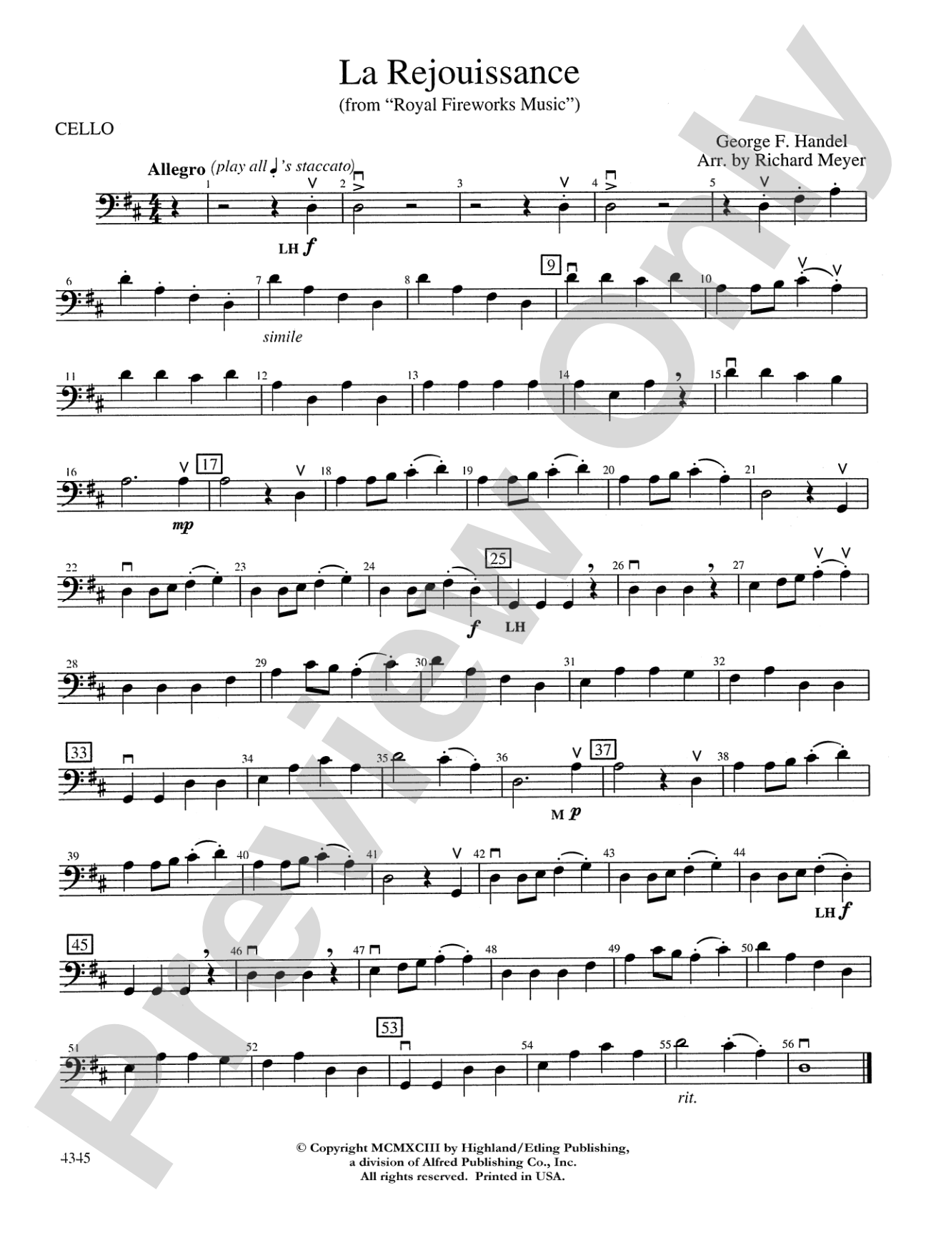 La Rejouissance from the "Royal Fireworks Music": Cello