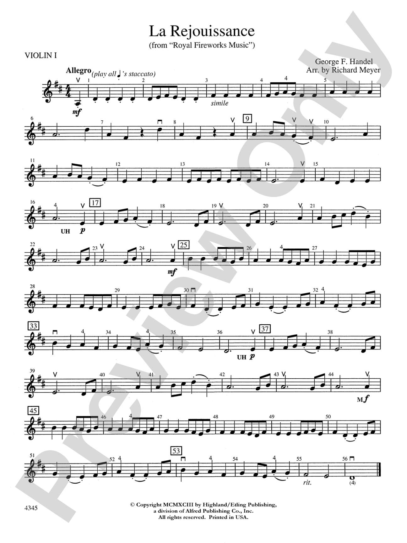 La Rejouissance from the "Royal Fireworks Music": 1st Violin