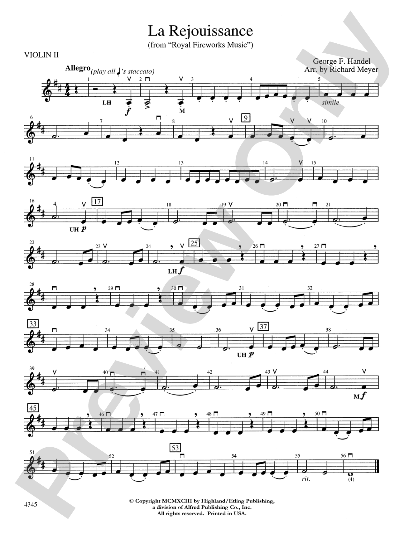 La Rejouissance from the "Royal Fireworks Music": 2nd Violin