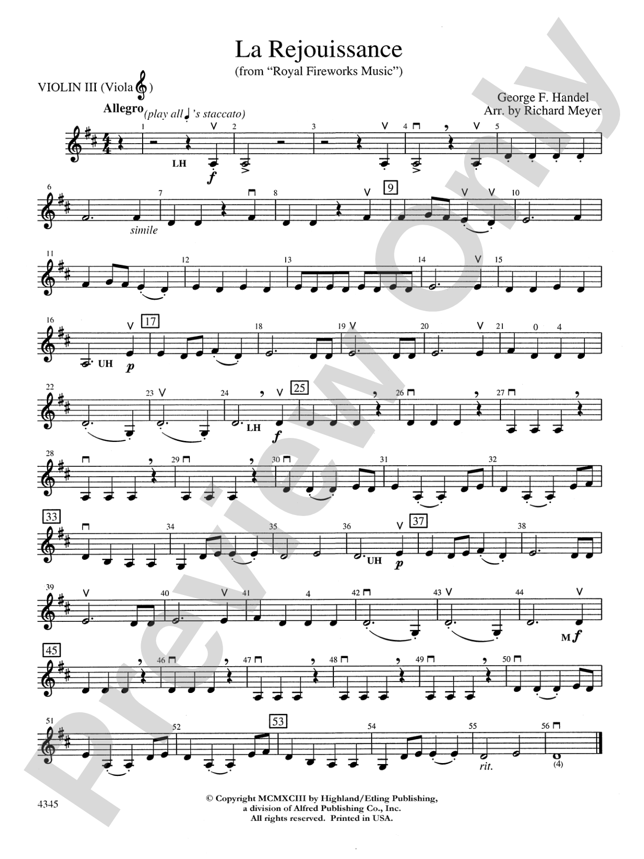 La Rejouissance from the "Royal Fireworks Music": 3rd Violin (Viola [TC])