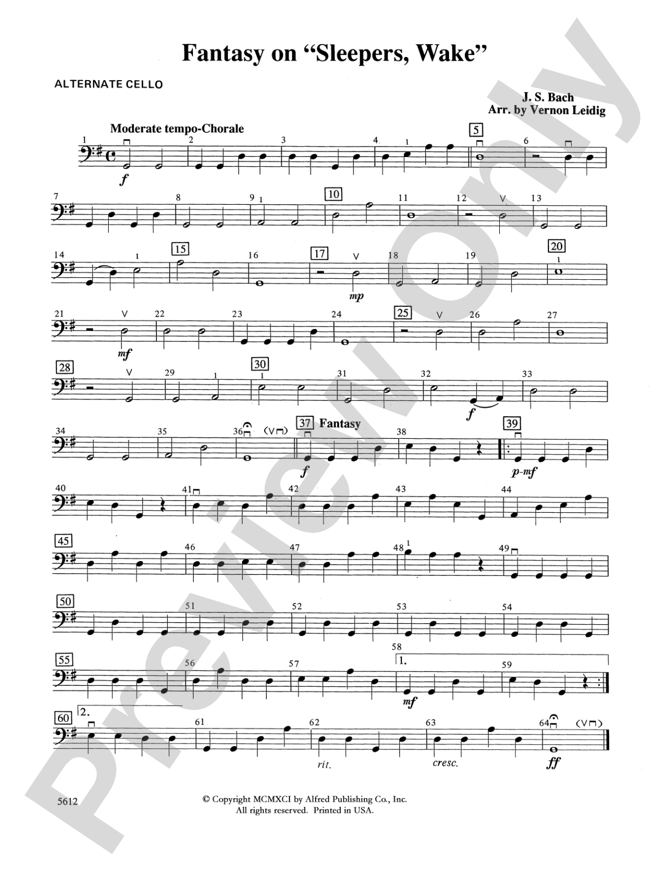 Fantasy on "Sleepers, Wake": Alternate Cello