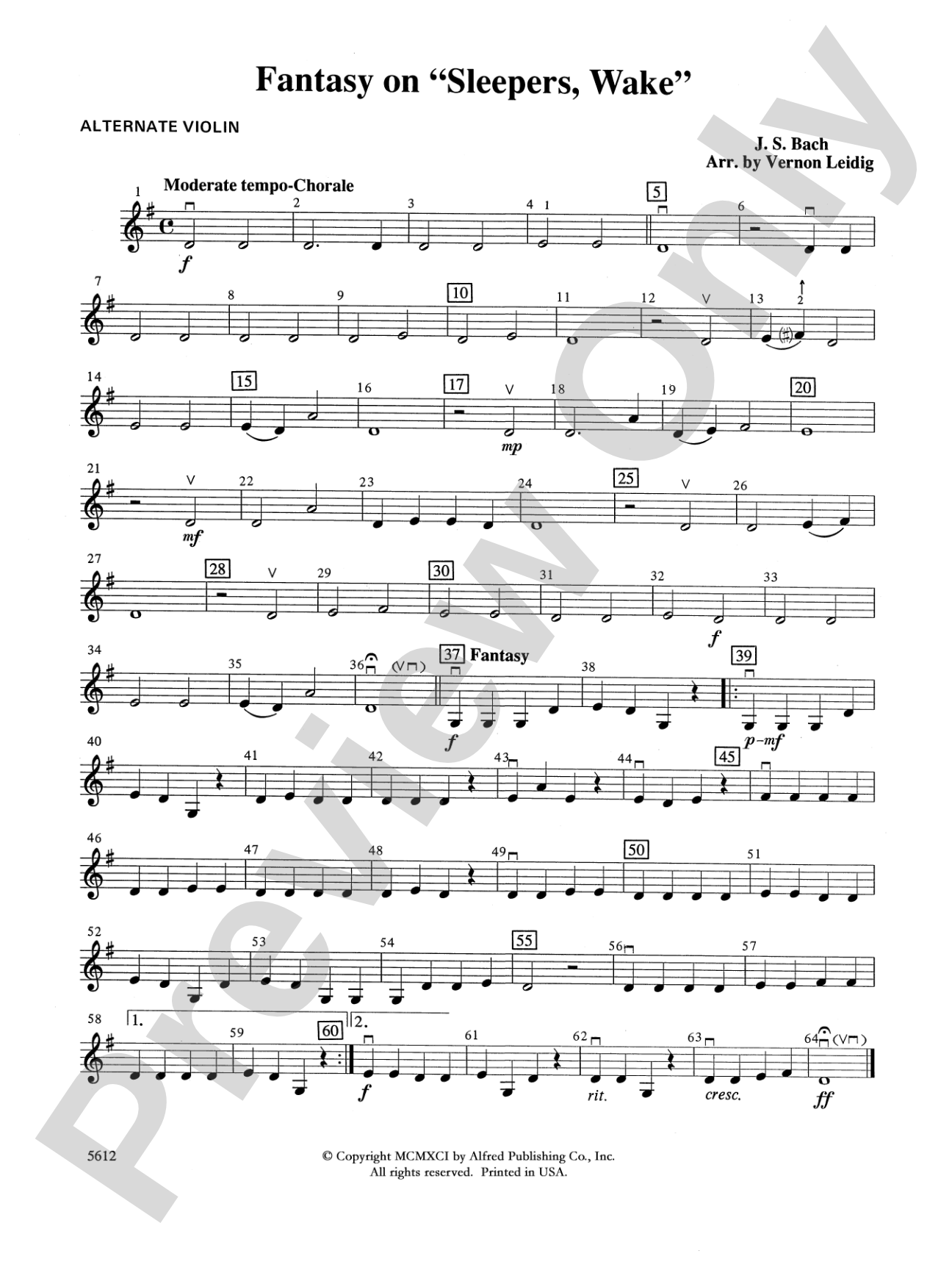 Fantasy on "Sleepers, Wake": Alternate Violin