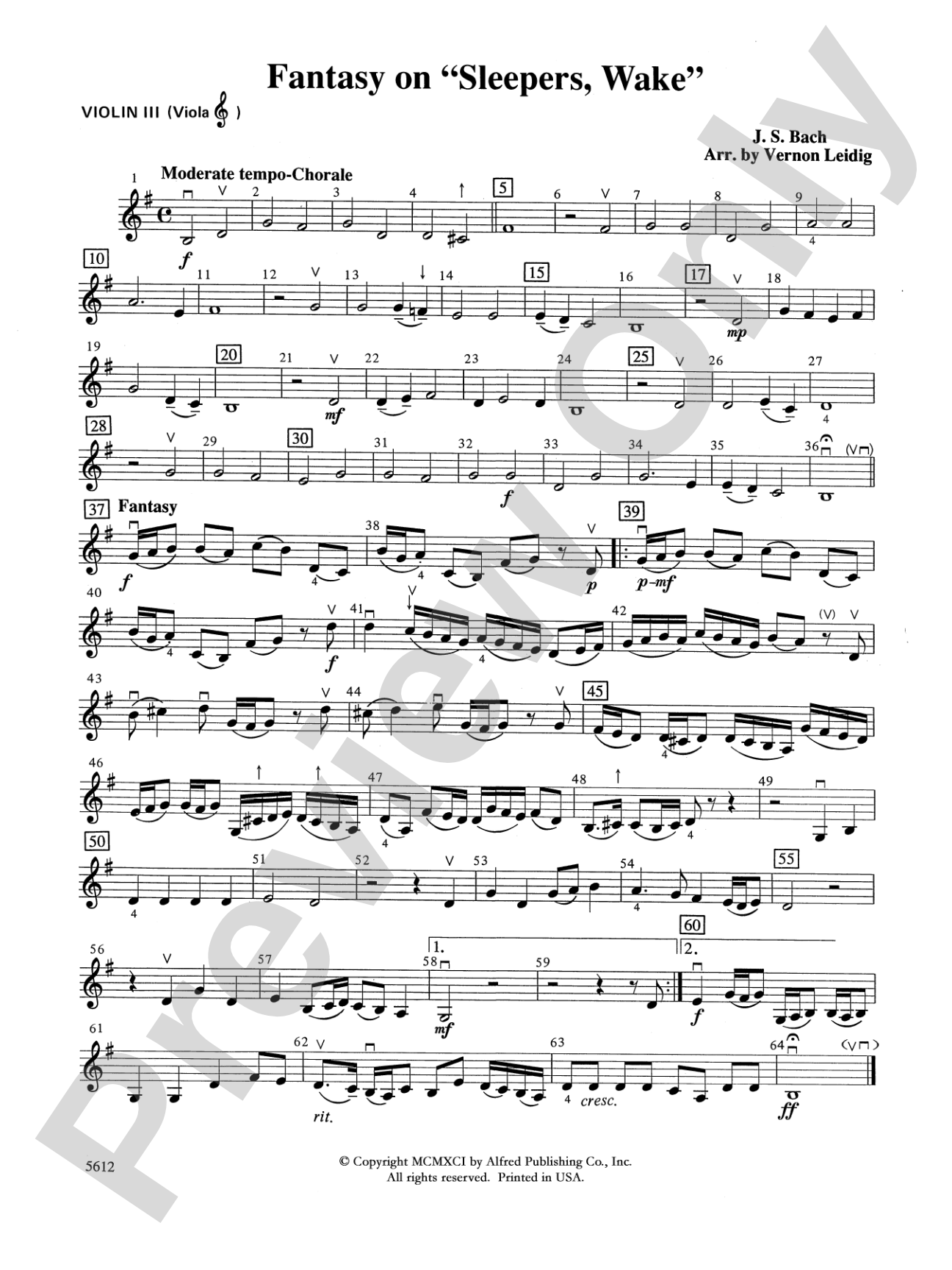 Fantasy on "Sleepers, Wake": 3rd Violin (Viola [TC])