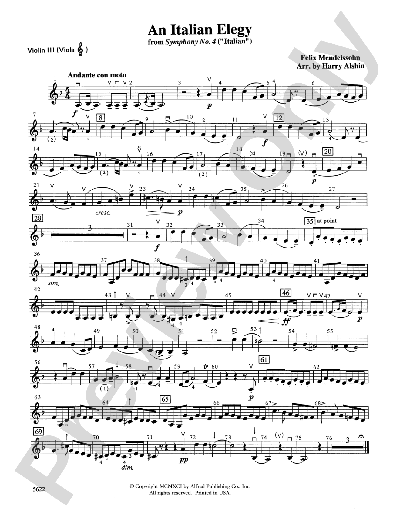 An Italian Elegy, from Symphony No. 4 "Italian": 3rd Violin (Viola [TC])