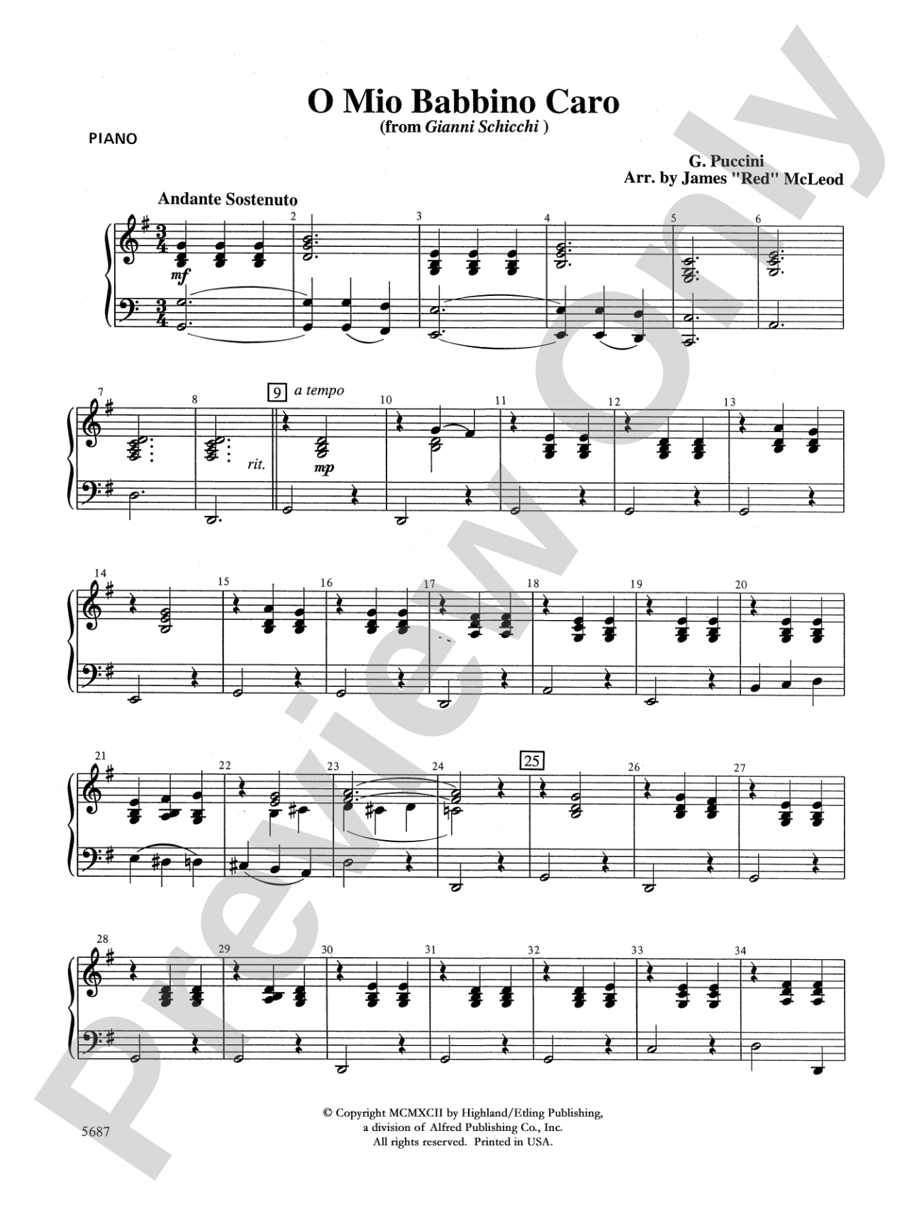 O Mio Babbino Caro from "Gianni Schicchi," theme from the film A Room with a View: Piano Accompaniment
