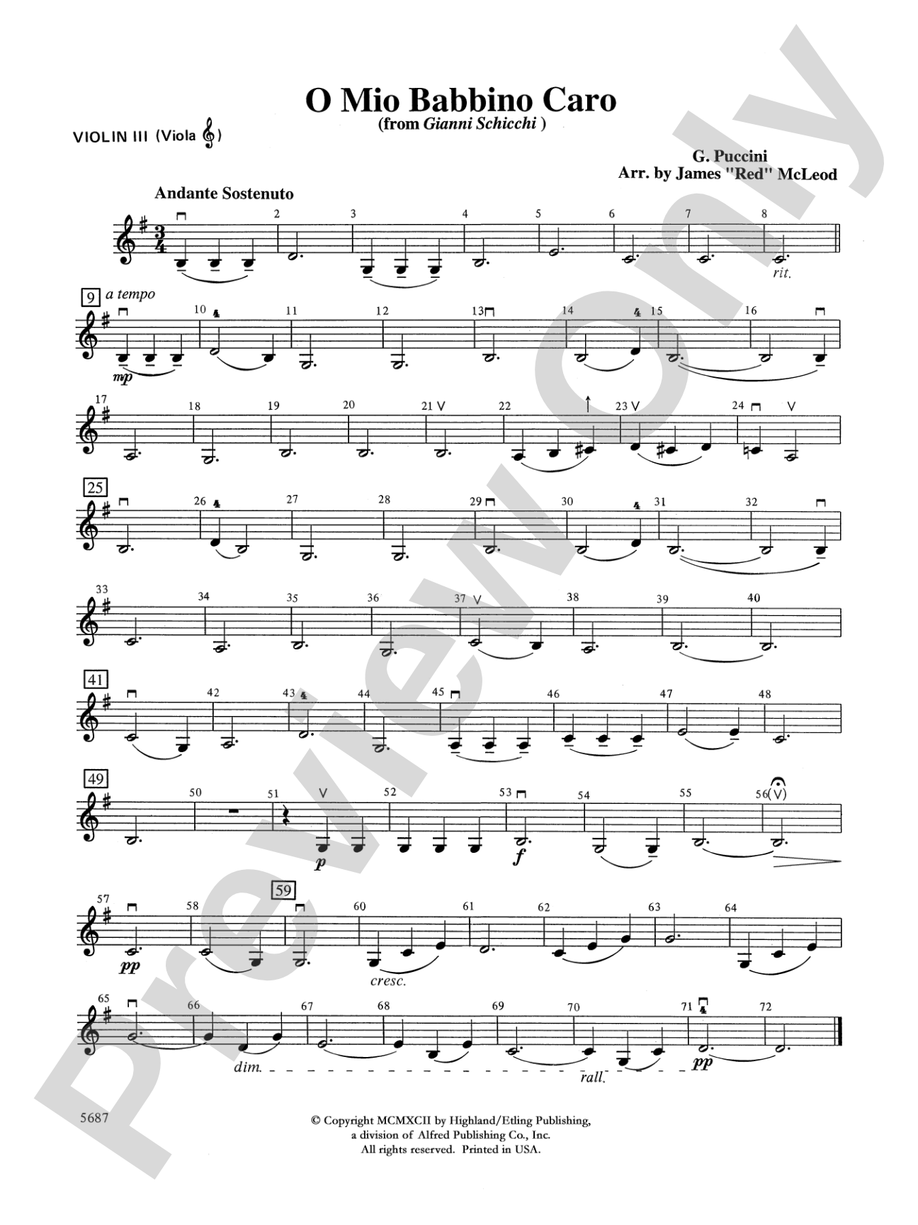 O Mio Babbino Caro from "Gianni Schicchi," theme from the film A Room with a View: 3rd Violin (Viola [TC])