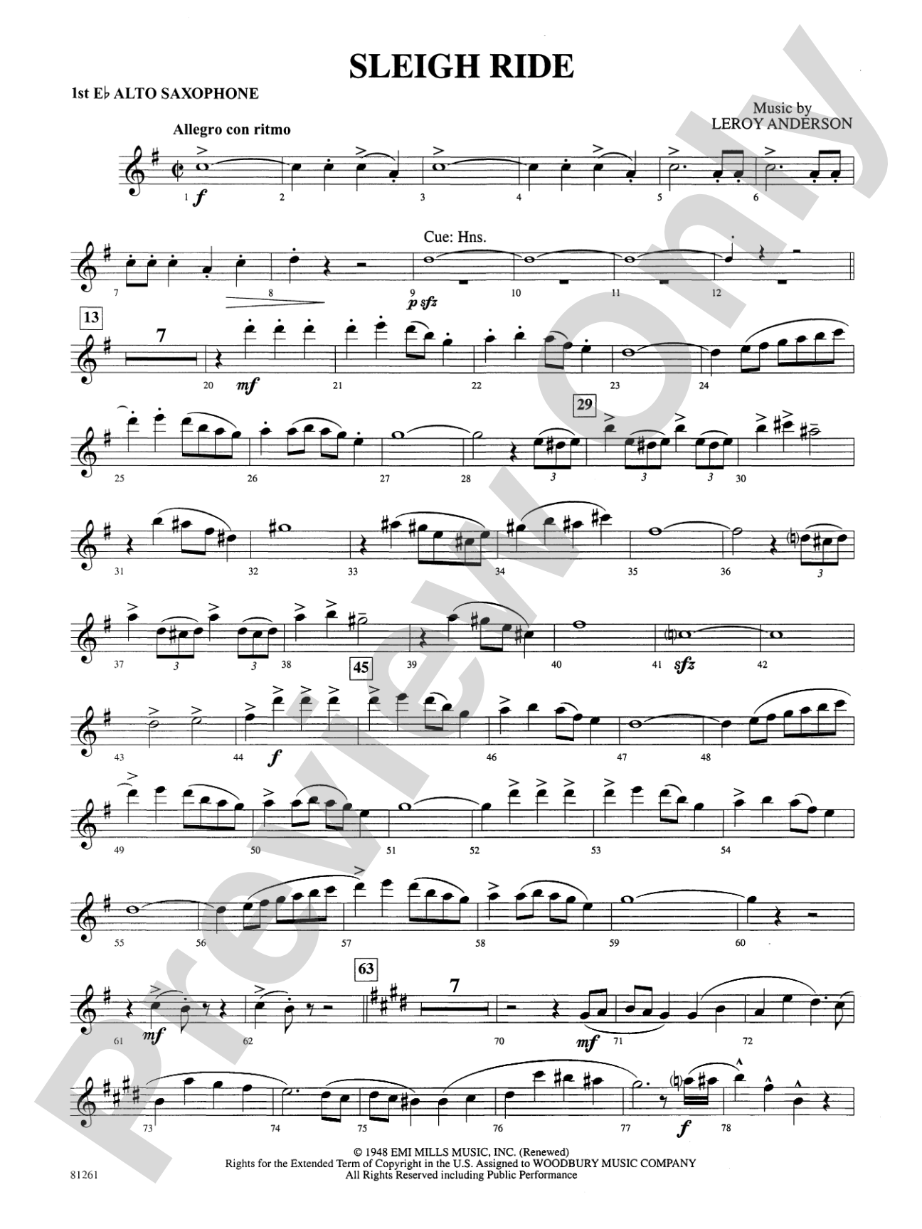 Sleigh Ride: E-flat Alto Saxophone