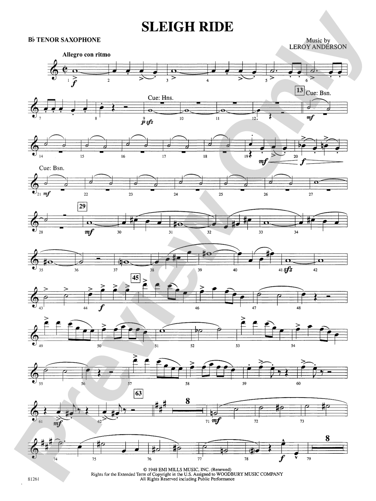 Sleigh Ride: B-flat Tenor Saxophone