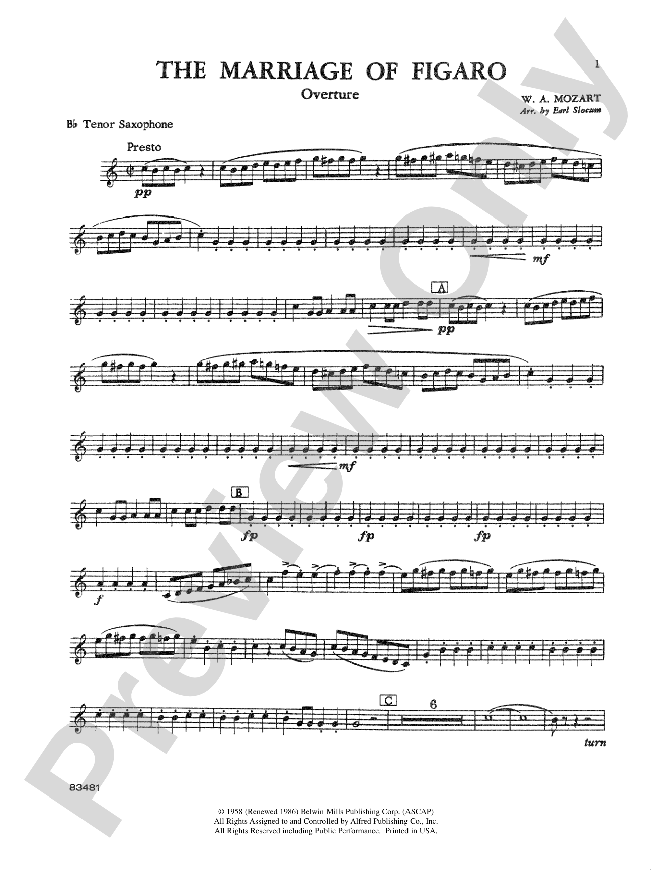 The Marriage of Figaro Overture: B-flat Tenor Saxophone