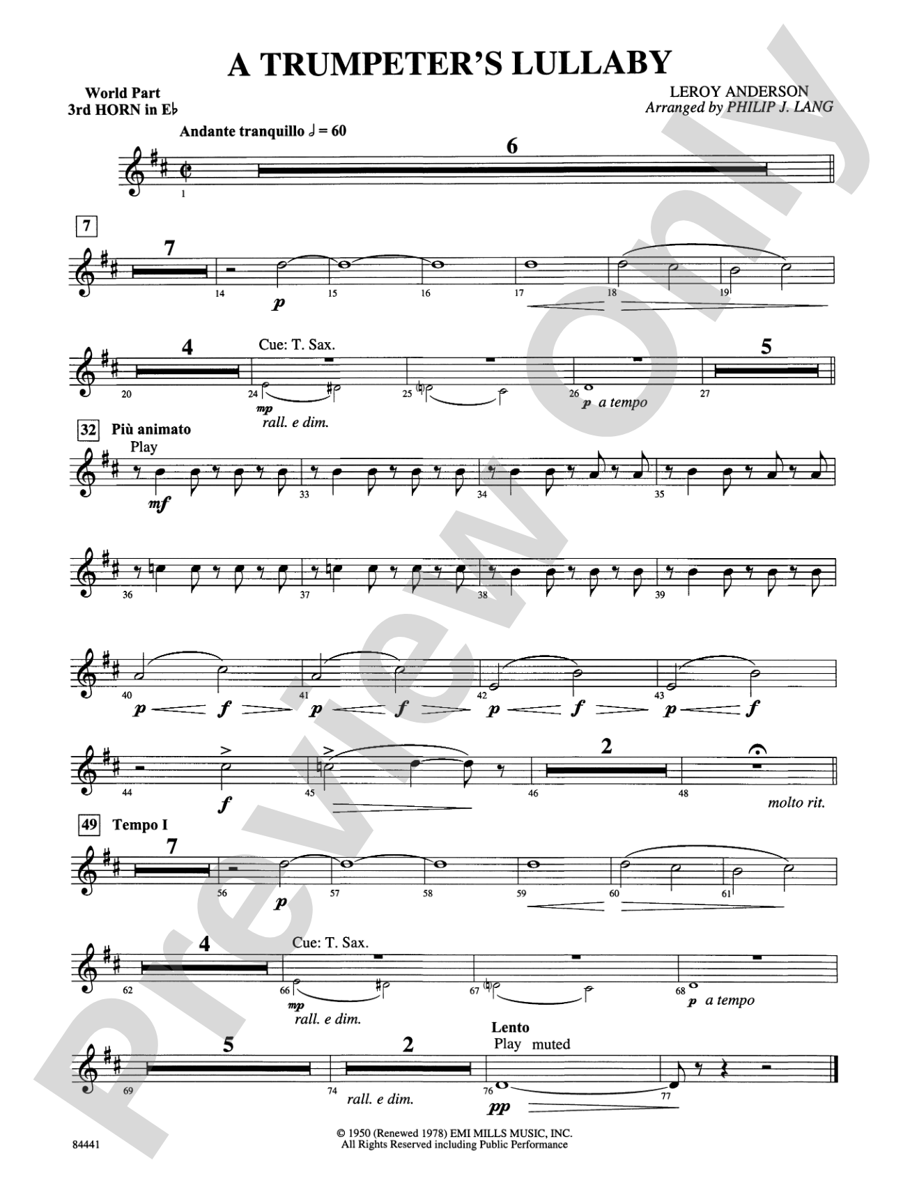 Trumpeter's Lullaby (with Trumpet Solo): (wp) 3rd Horn in E-flat