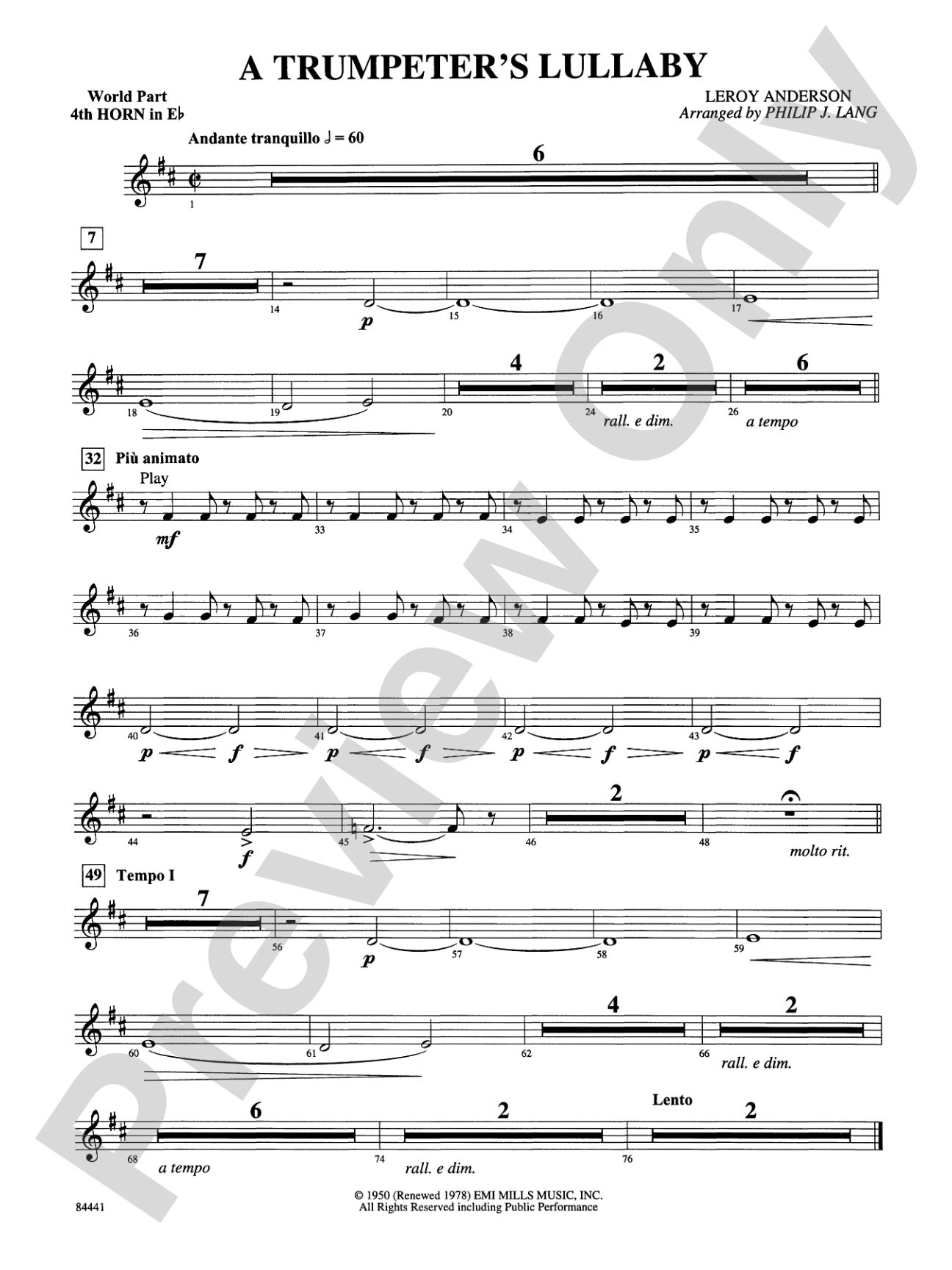 Trumpeter's Lullaby (with Trumpet Solo): (wp) 4th Horn in E-flat