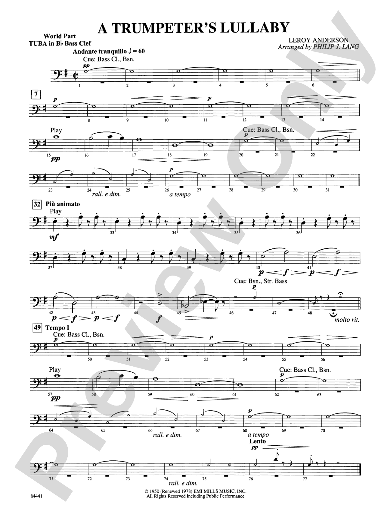Trumpeter's Lullaby (with Trumpet Solo): (wp) B-flat Tuba B.C.