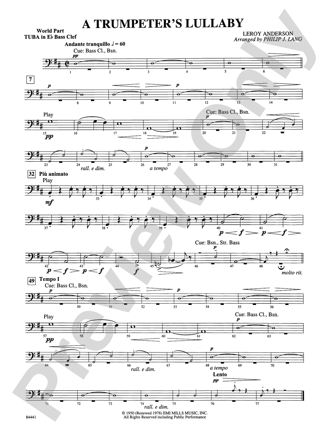 Trumpeter's Lullaby (with Trumpet Solo): (wp) E-flat Tuba B.C.