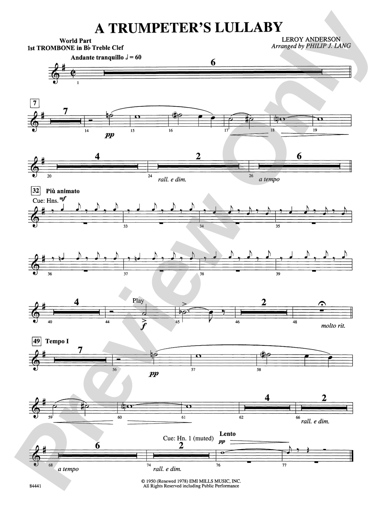 Trumpeter's Lullaby (with Trumpet Solo): (wp) 1st B-flat Trombone T.C.