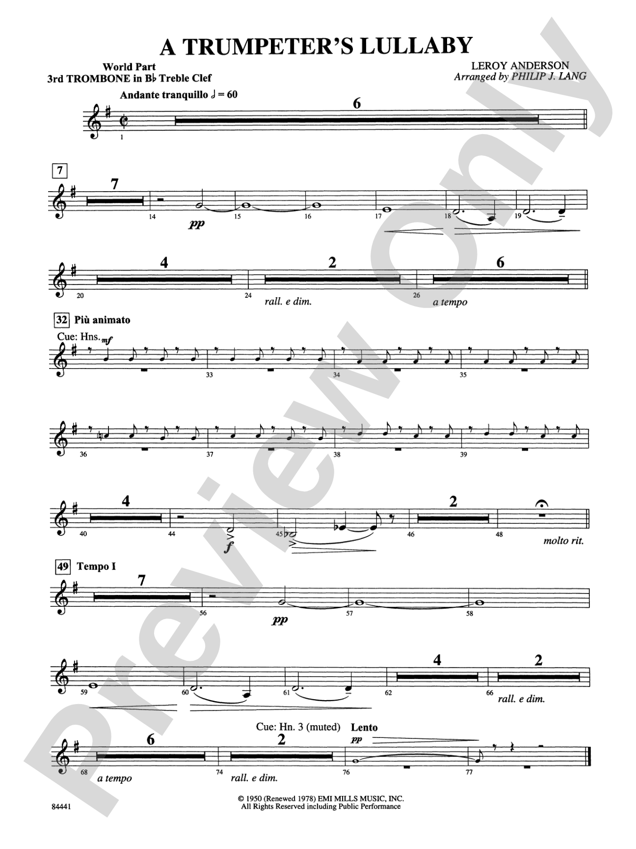 Trumpeter's Lullaby (with Trumpet Solo): (wp) 3rd B-flat Trombone T.C.