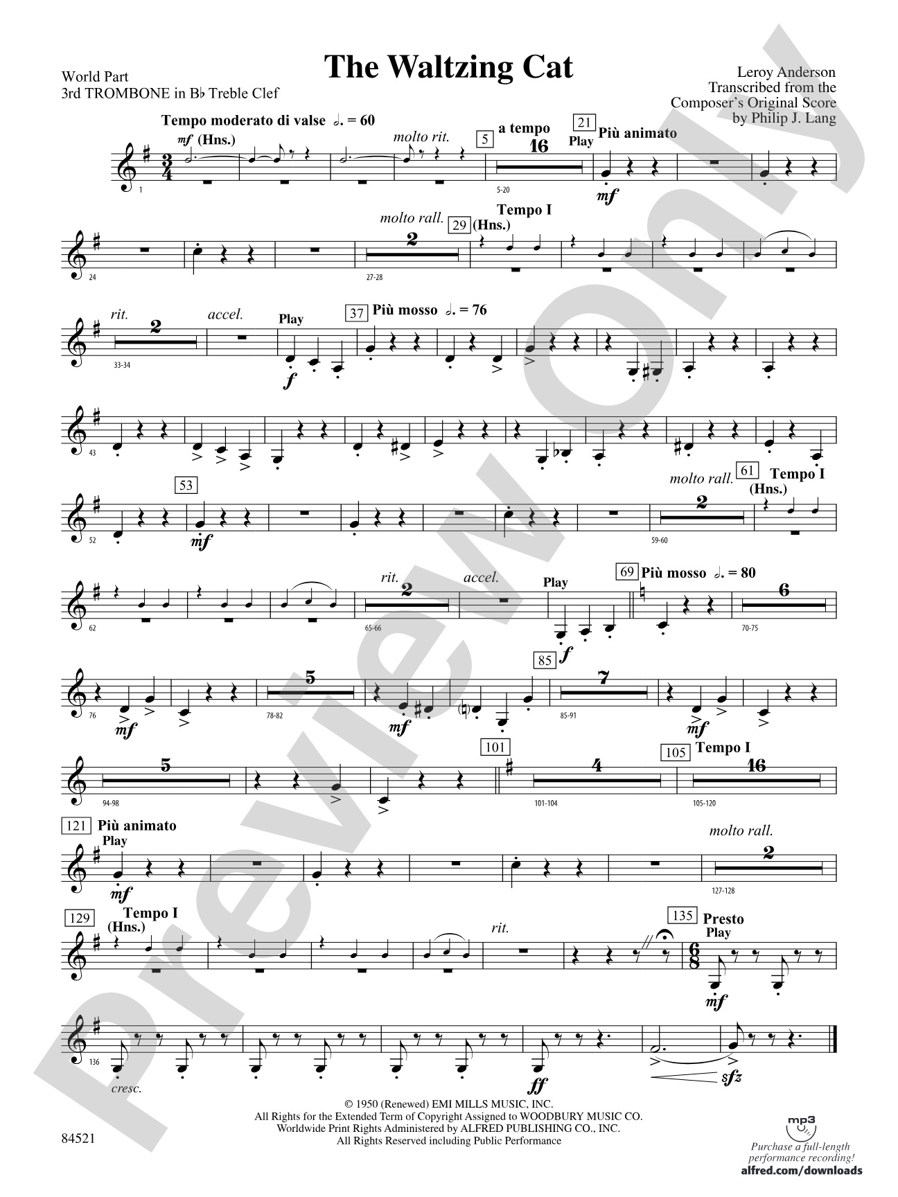 The Waltzing Cat: (wp) 3rd B-flat Trombone T.C.