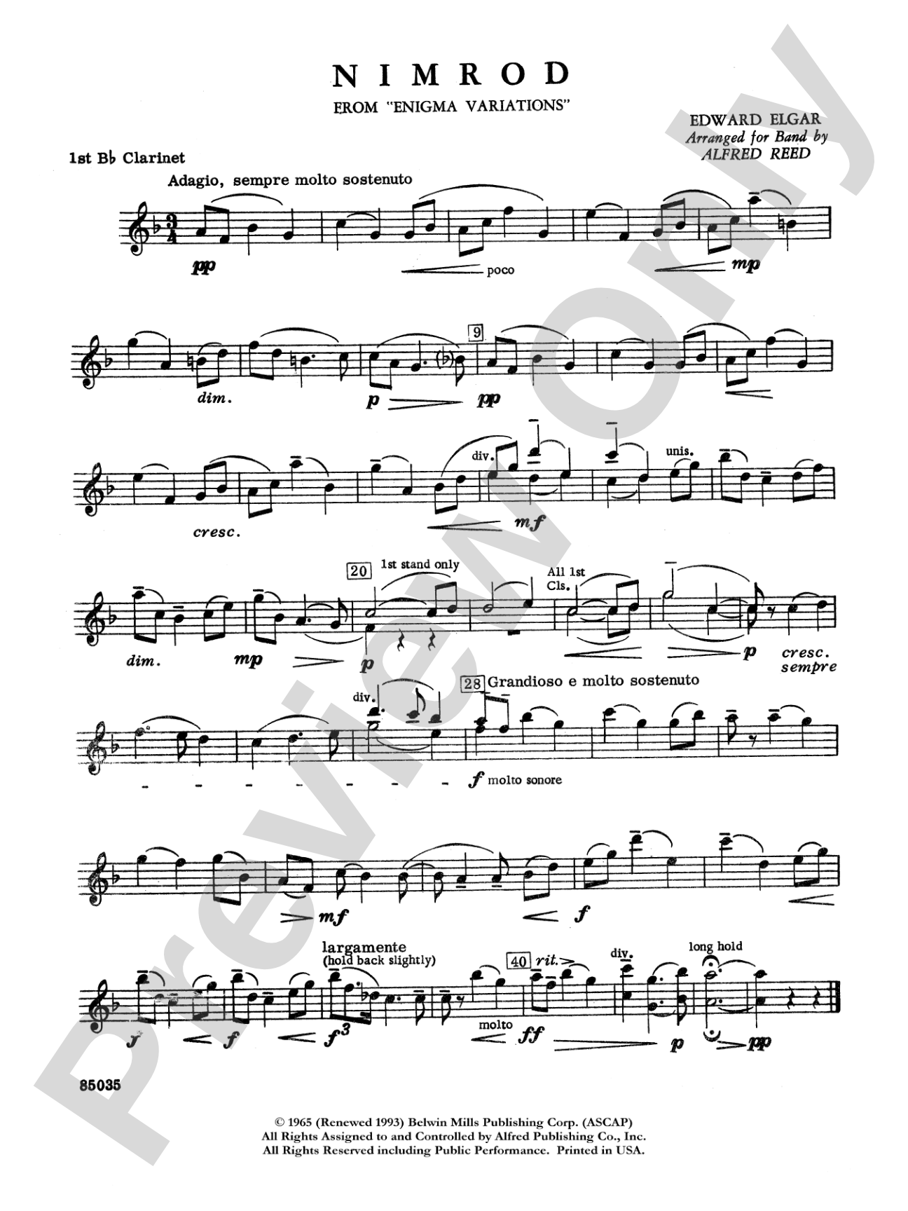 Nimrod (from Elgar's Variations): 1st B-flat Clarinet