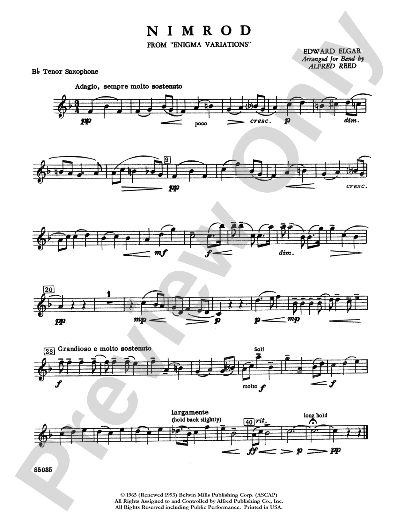 Nimrod (from Elgar's Variations): B-flat Tenor Saxophone