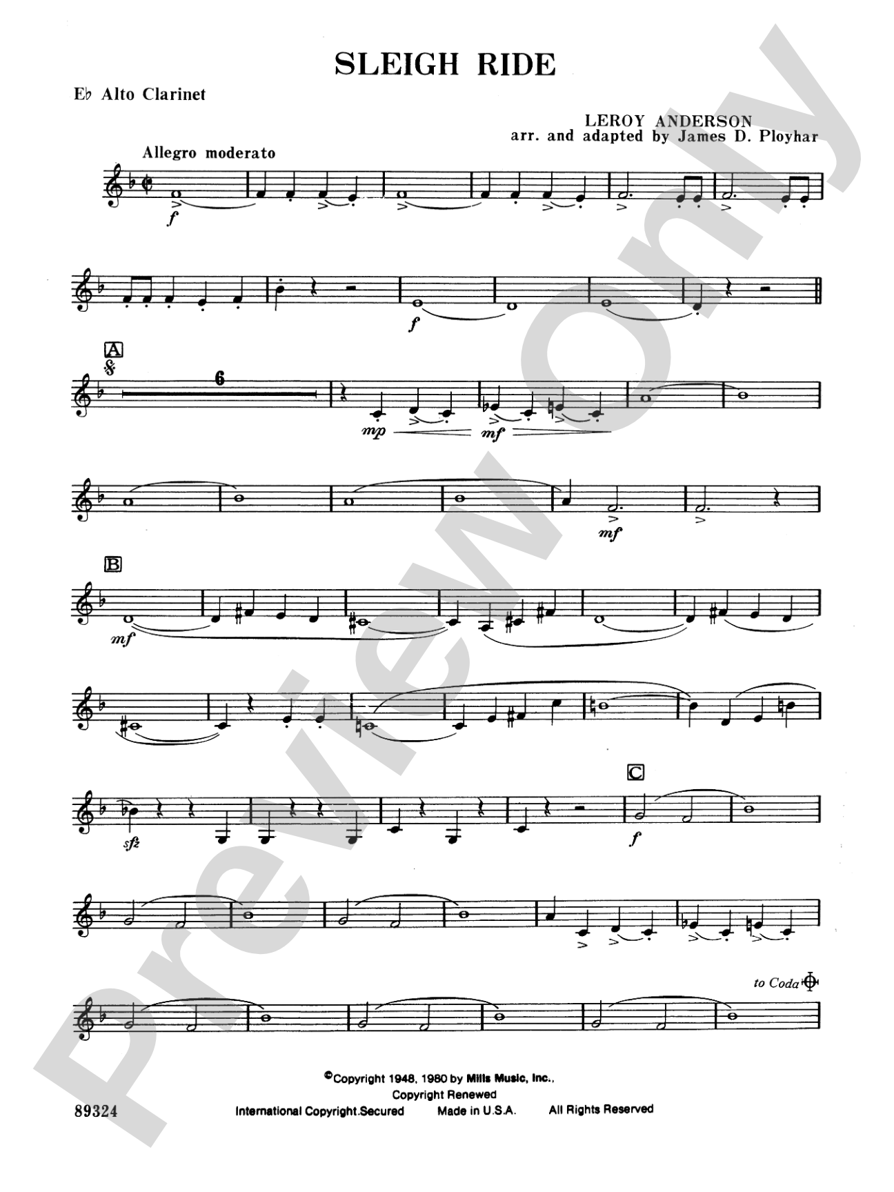Sleigh Ride: E-flat Alto Clarinet