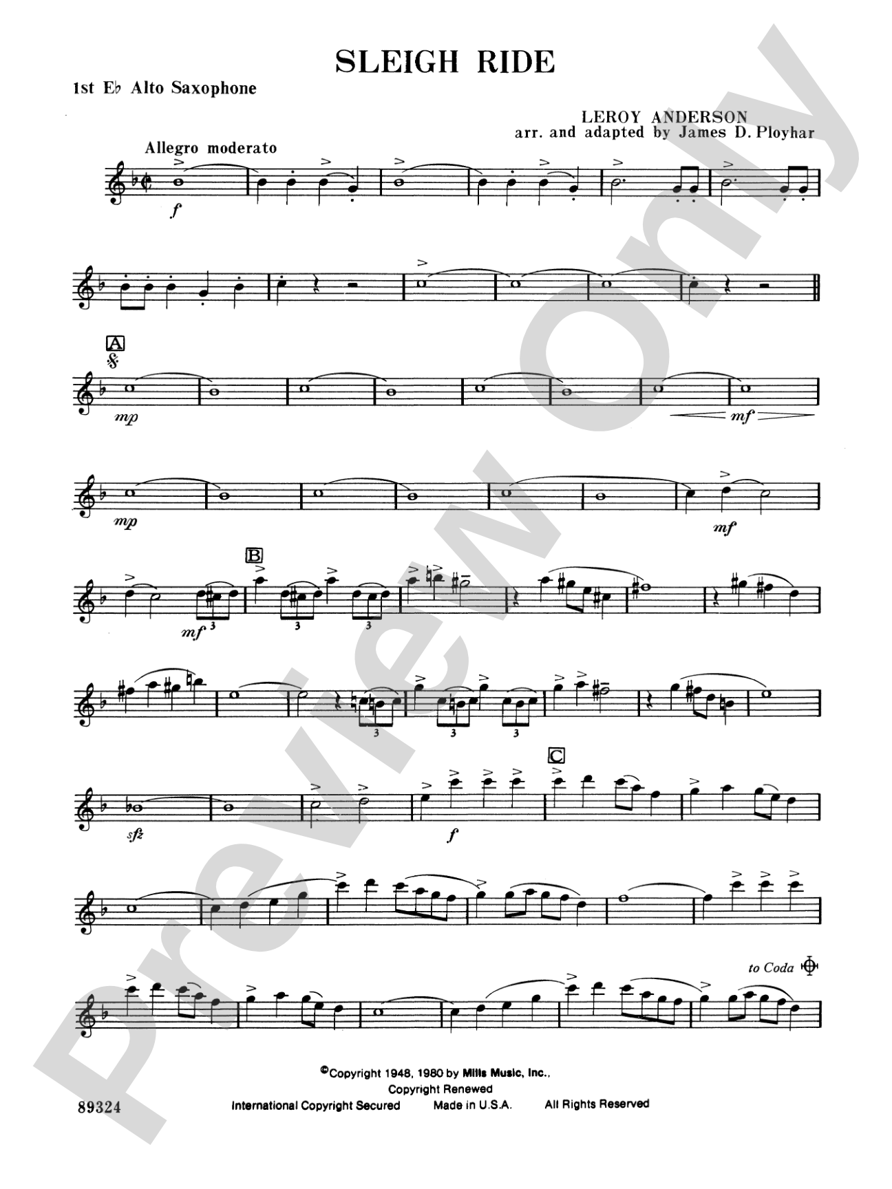 Sleigh Ride: E-flat Alto Saxophone