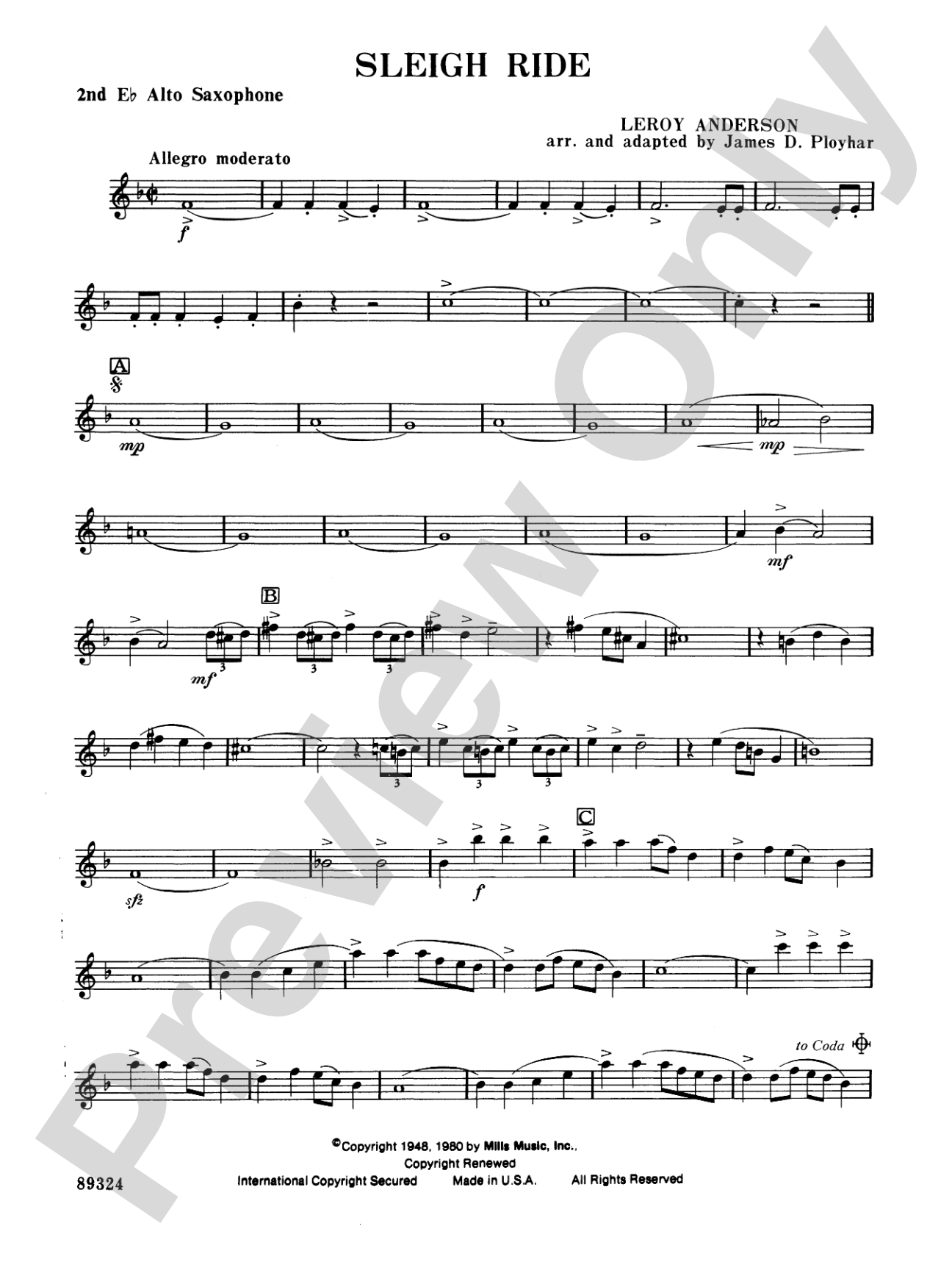 Sleigh Ride: 2nd E-flat Alto Saxophone