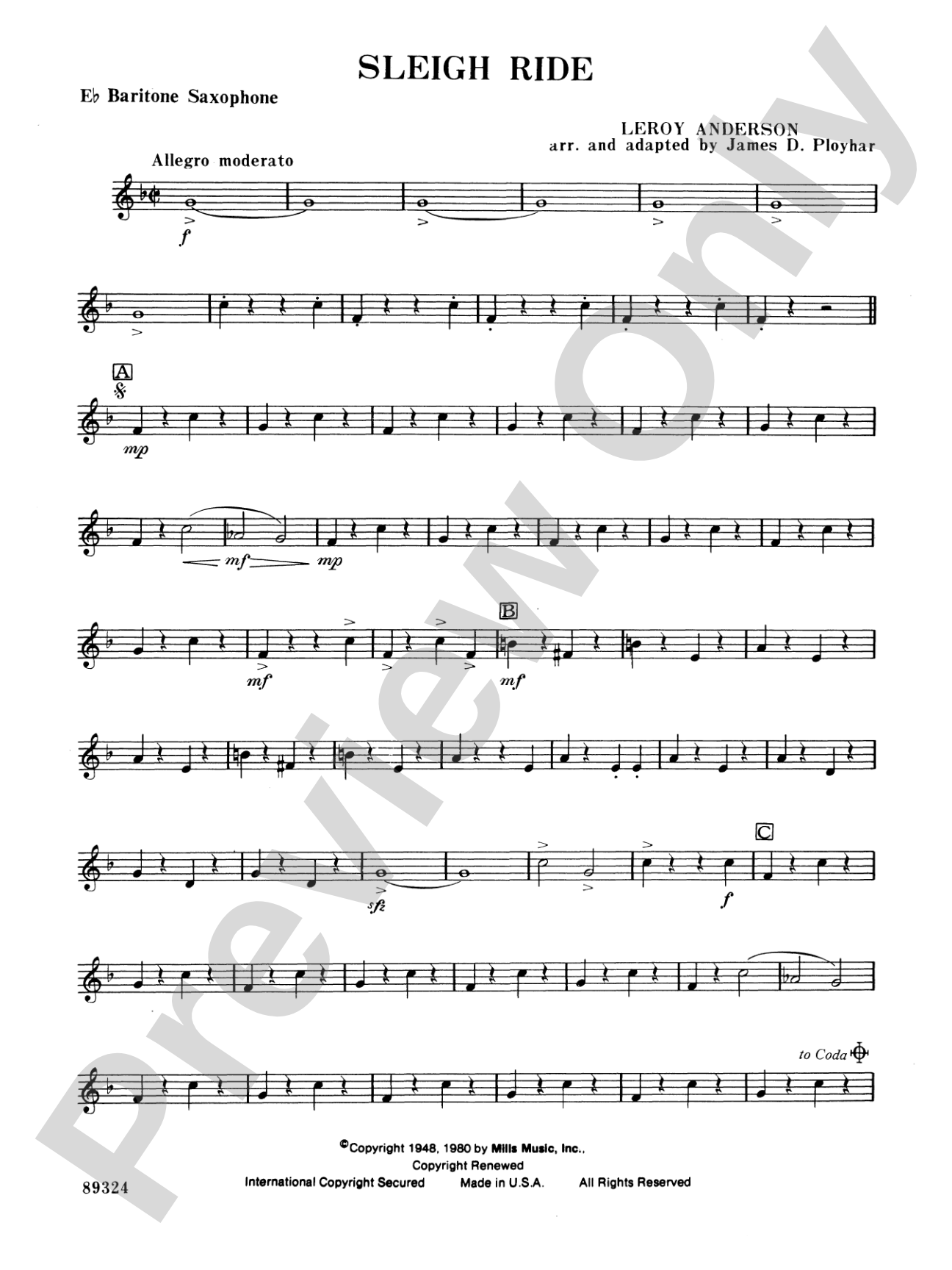Sleigh Ride: E-flat Baritone Saxophone