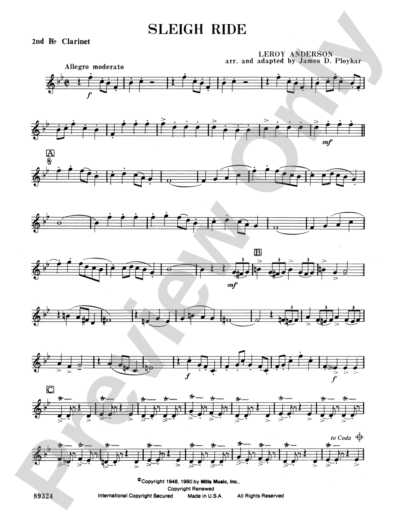 Sleigh Ride: 2nd B-flat Clarinet