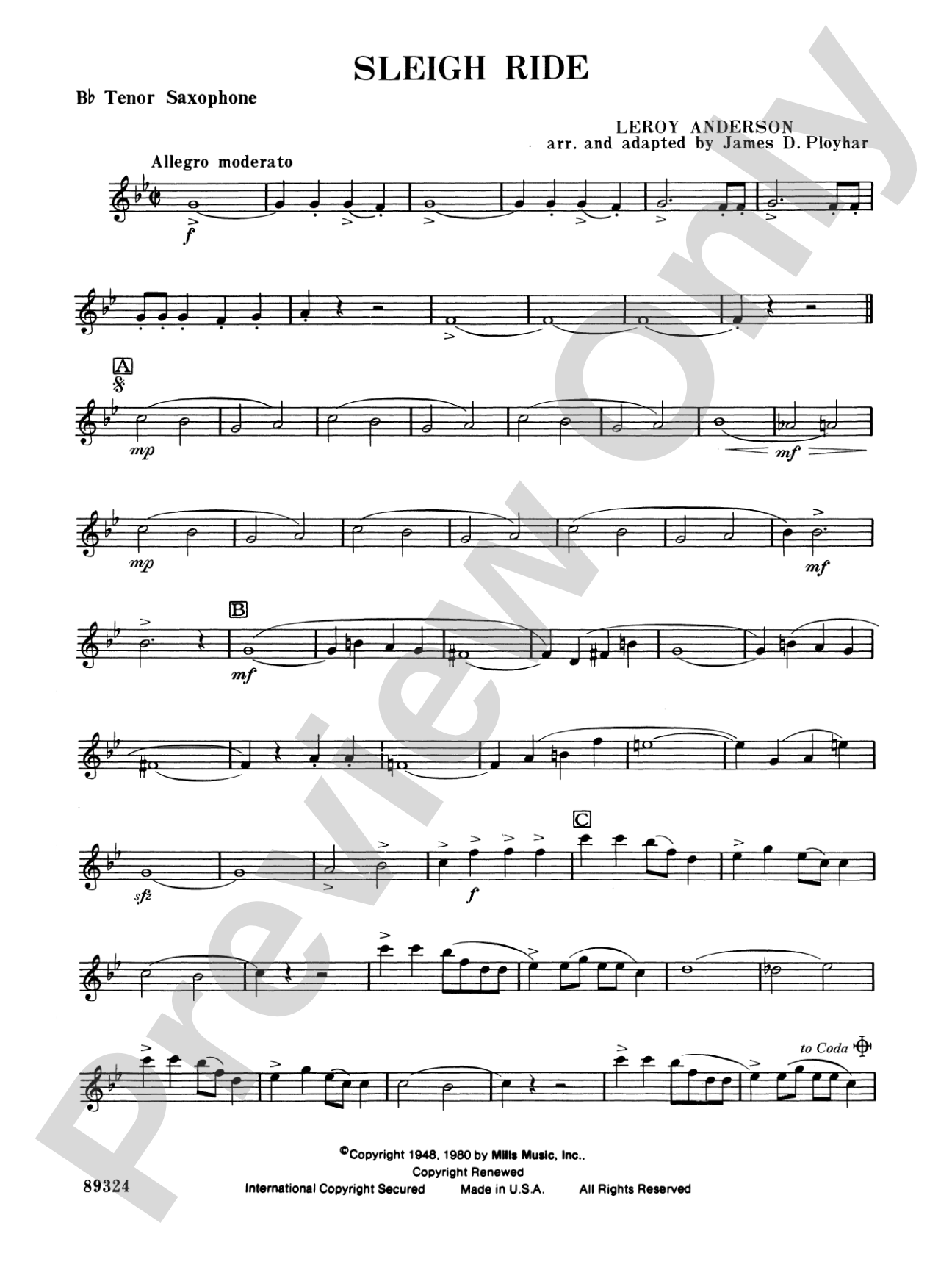 Sleigh Ride: B-flat Tenor Saxophone