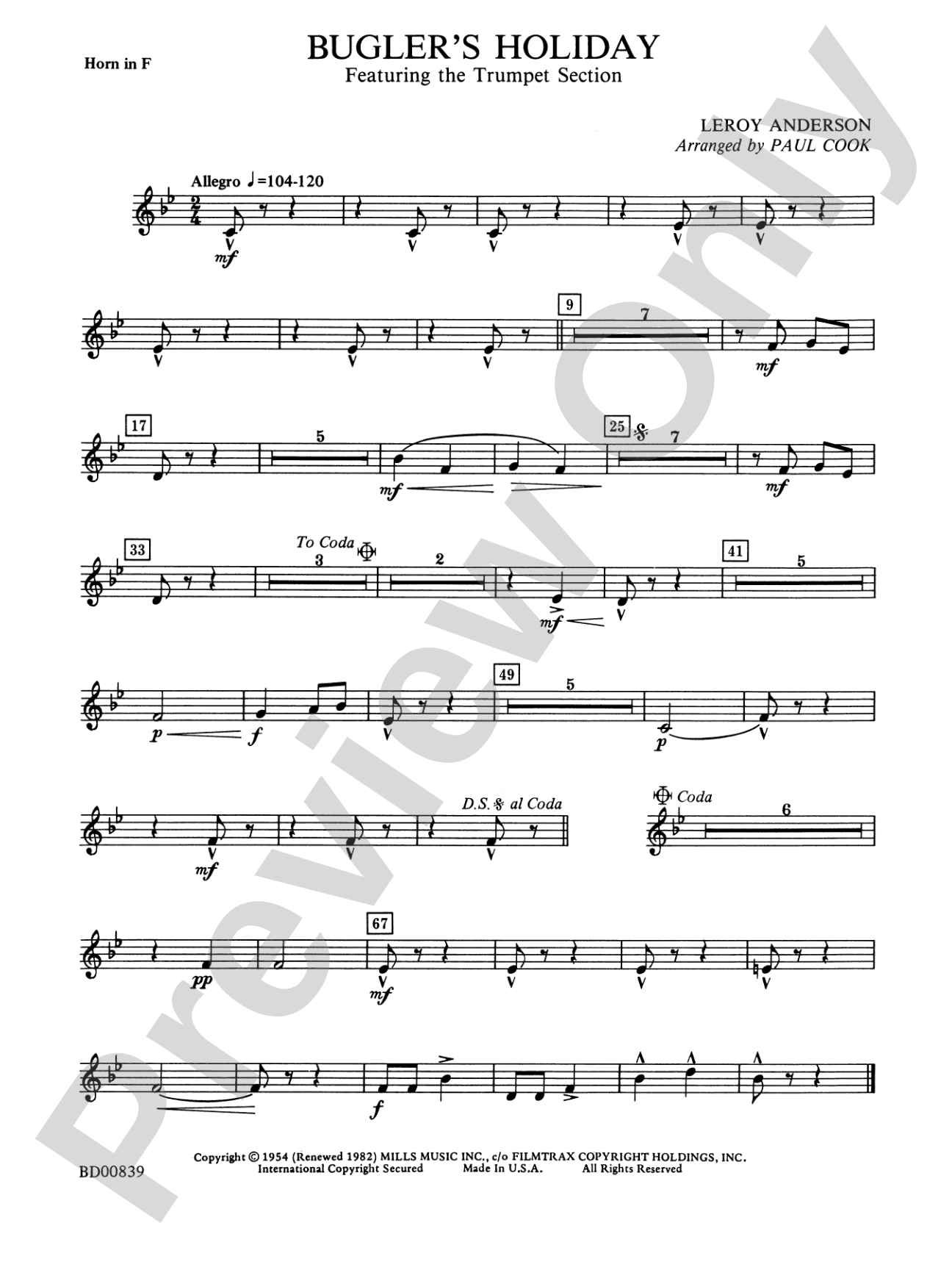 Bugler's Holiday (featuring the Trumpet Section): 1st F Horn